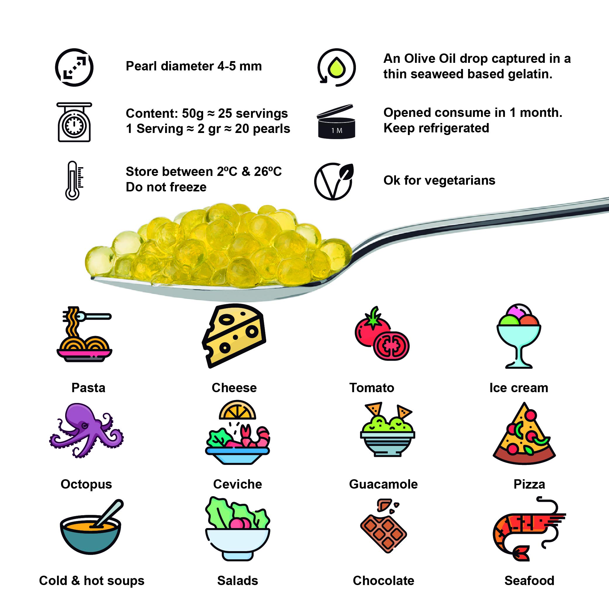 Caviaroli - Encapsulado de Aceite de Oliva y Vinagre - Perlas de Aceite Gourmet para Aliño o Decoración - Pack de 5 sabores, Virgen Extra, Guindilla, Albahaca Wasabi y Vinagre de Módena - 5x20 g
