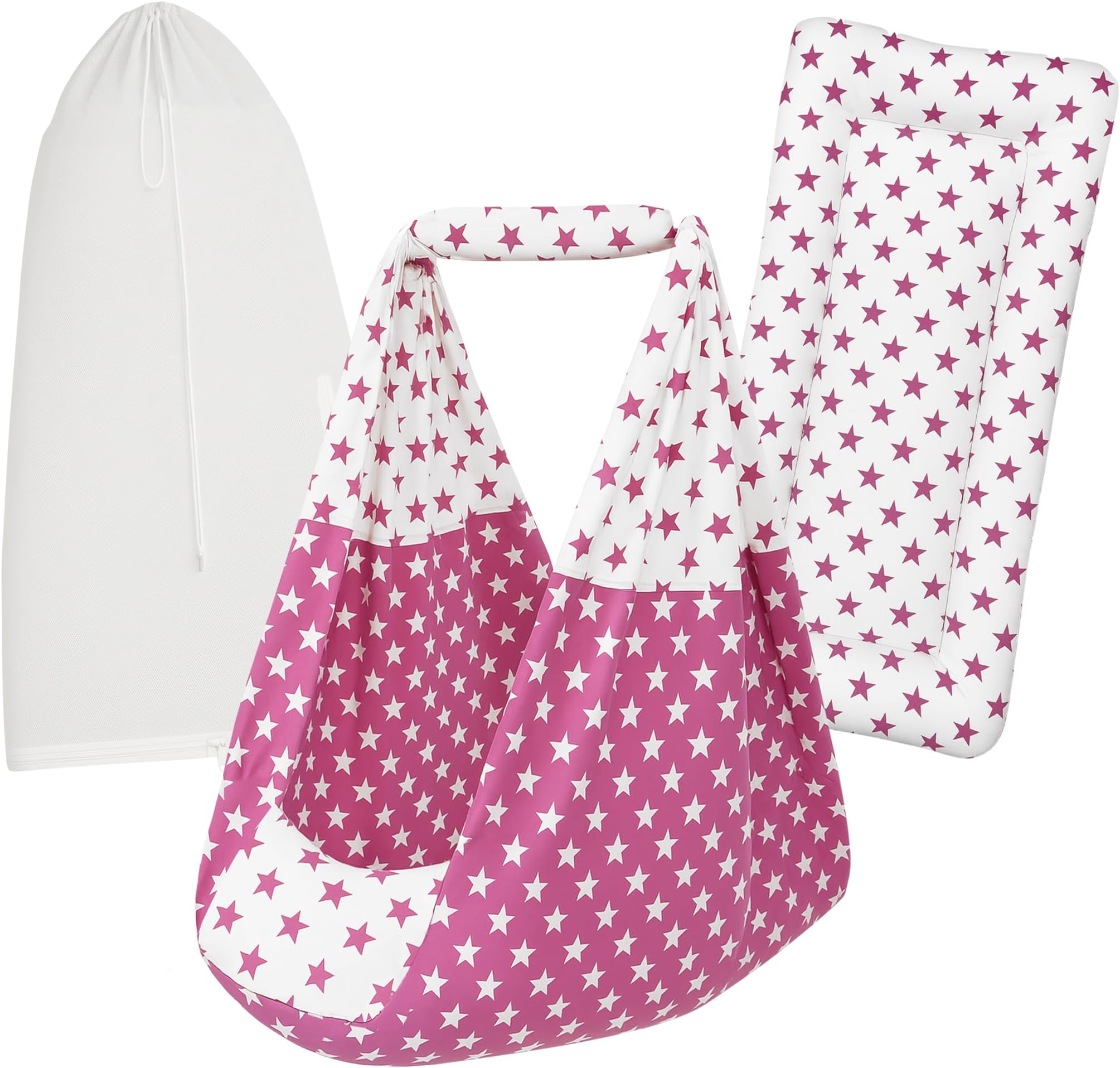 Baby Swing Cradle Set | (3 in 1) Hanging Cradle Cotton Cloth, Removable Pad, and Mosquito Net | CRA-Dark Pink Star