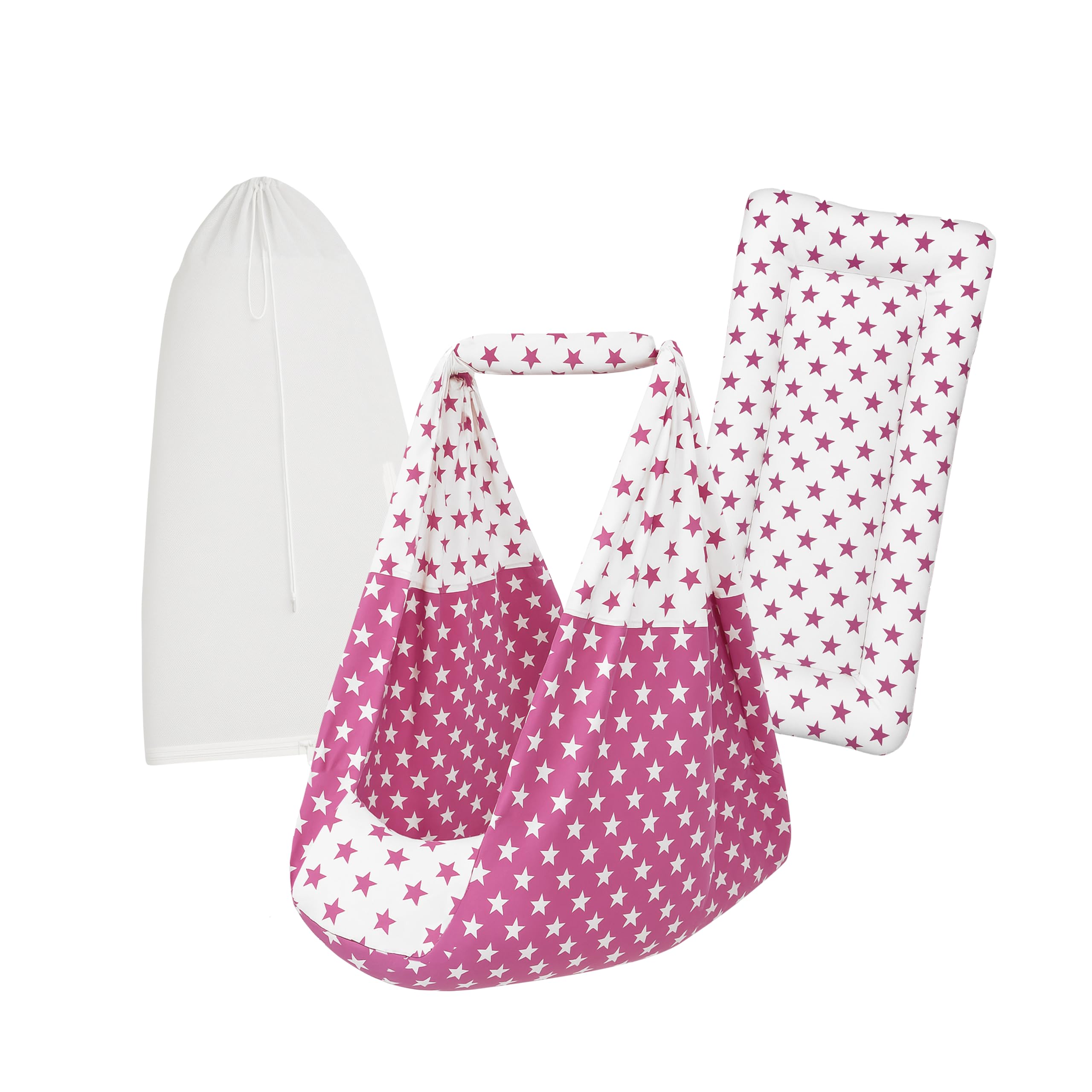Baby Swing Cradle Set | (3 in 1) Hanging Cradle Cloth, Removable Bed, and Mosquito Net | Up to 15 kg | Up to 2 Years | CRA-Dark Pink Star