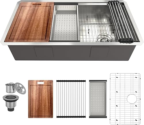 Miniatura 10 de MONDAWE Fregadero de cocina empotrado de 32 pulgadas, cuenco individual de calibre 18, lavabo de cocina de acero inoxidable de grado Sus304 con