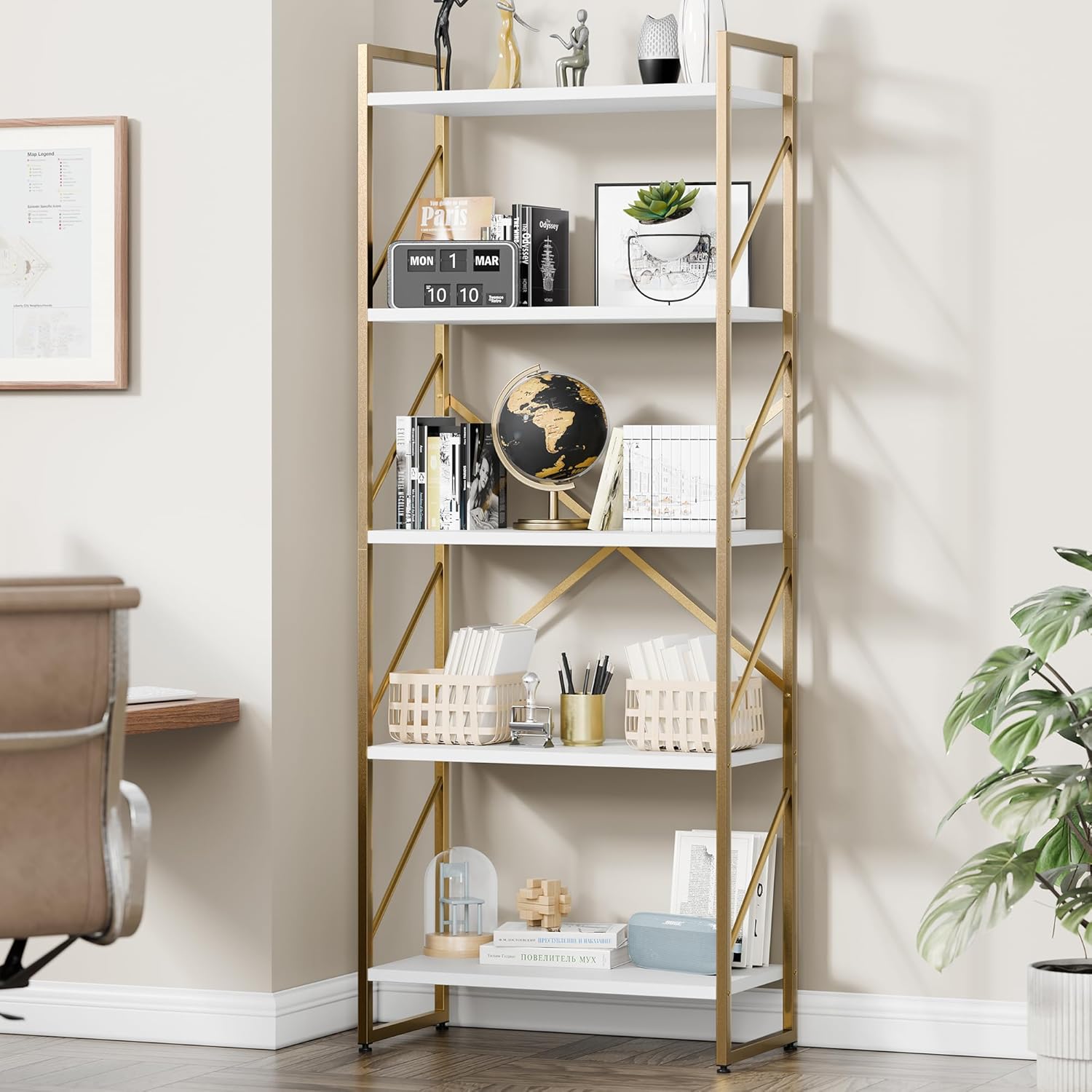 Vongrasig 5 Tier Bookshelf, Modern Tall Bookcase, Industrial Book Shelves Display Standing Shelf, Free Standing Storage Organizer for Bedroom, Living Room, White+Gold