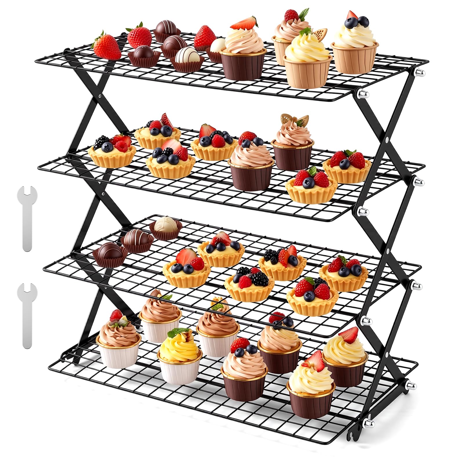 4-Tier Collapsible Cooling Rack, Stainless Steel Oven Rack with Fine Mesh Wire, Folds Flat for Easy Storage, Heavy Duty Baking Rack for Cookies, Cakes, Roasting & Grilling, Dishwasher Safe