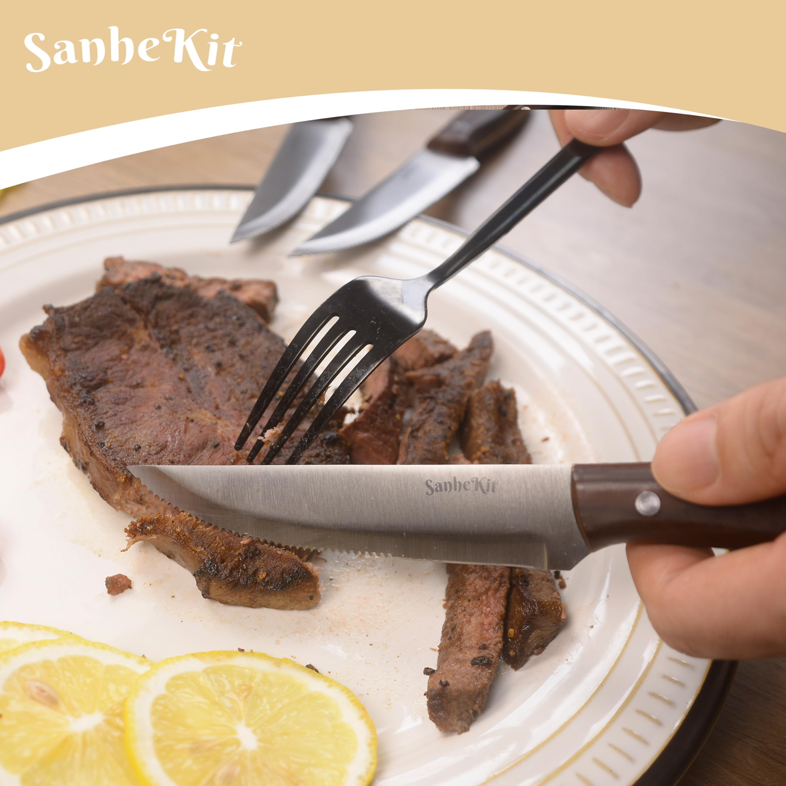 Lot de 12 couteaux à steak en acier inoxydable à haute teneur en carbone, design Full-Tang, manche en plastique avec grain de bois, couteau à viande dentelé, couteaux de table tranchants