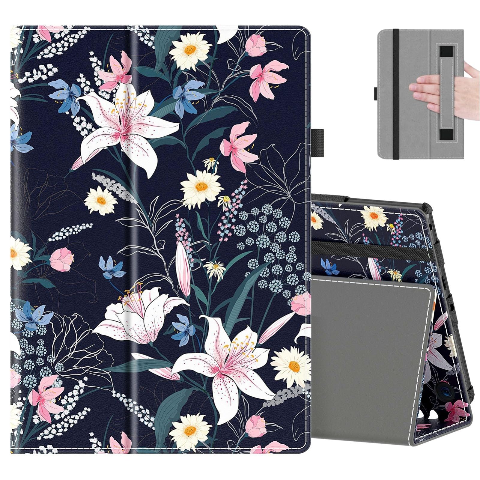 COOWPS Case for New Amazon Fire HD 8 & HD 8 Plus Tablet (12th/10th Generation, 2024/2022/2020 Release) - Slim Folding Stand Cover with Auto Wake/Sleep and Hand Strap, Lily