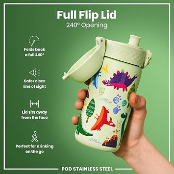 Ion8 Small Water Bottle, Leak Proof, Easy to Open, Secure Lock, Dishwasher Safe, Flip Cover, Carry Handle, Easy Clean, Durable, Water Bottle, Raised Print, Green, Dinosaurs