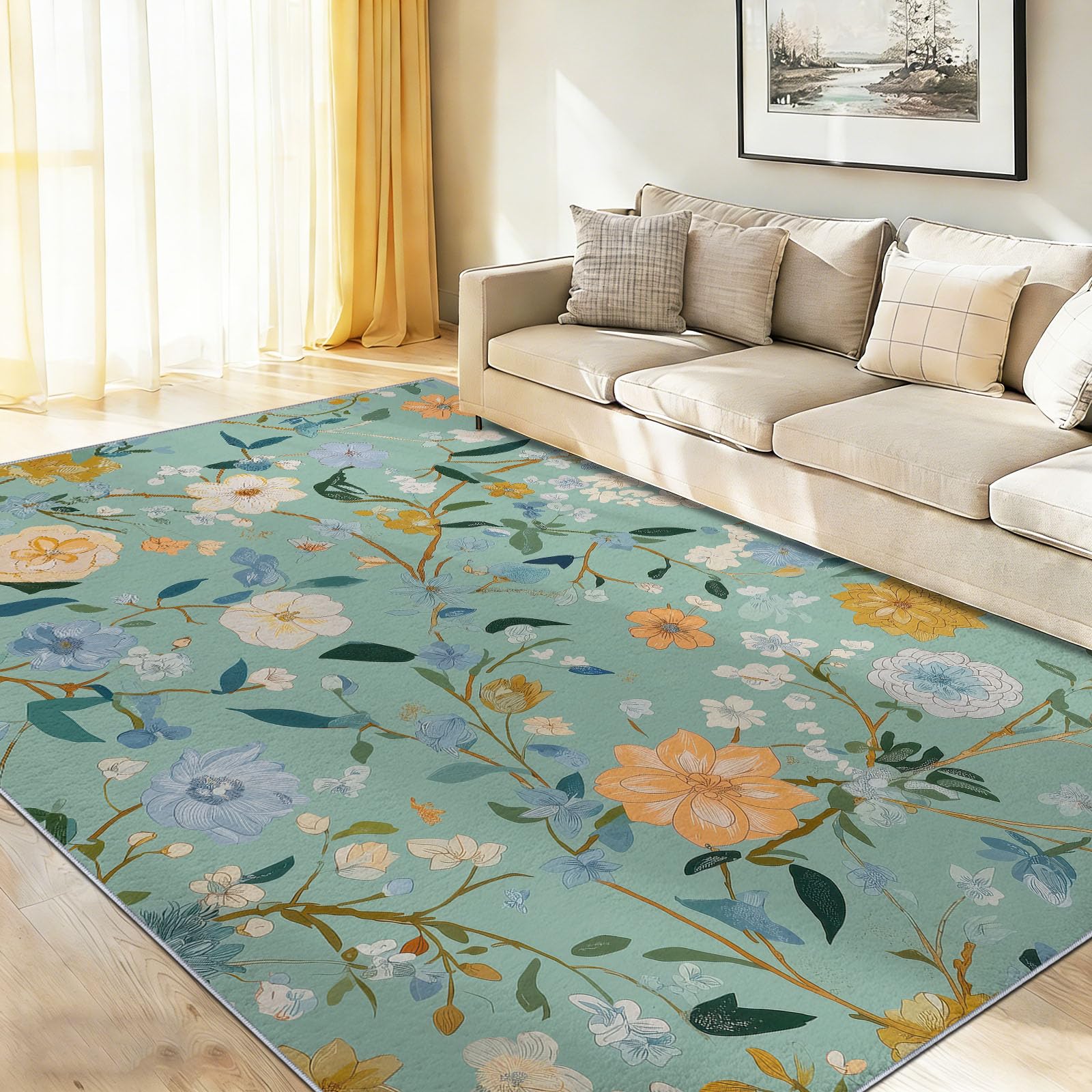Tappeto da salotto, 60 x 120 cm, colore: ciano, elegante tappeto pastorale