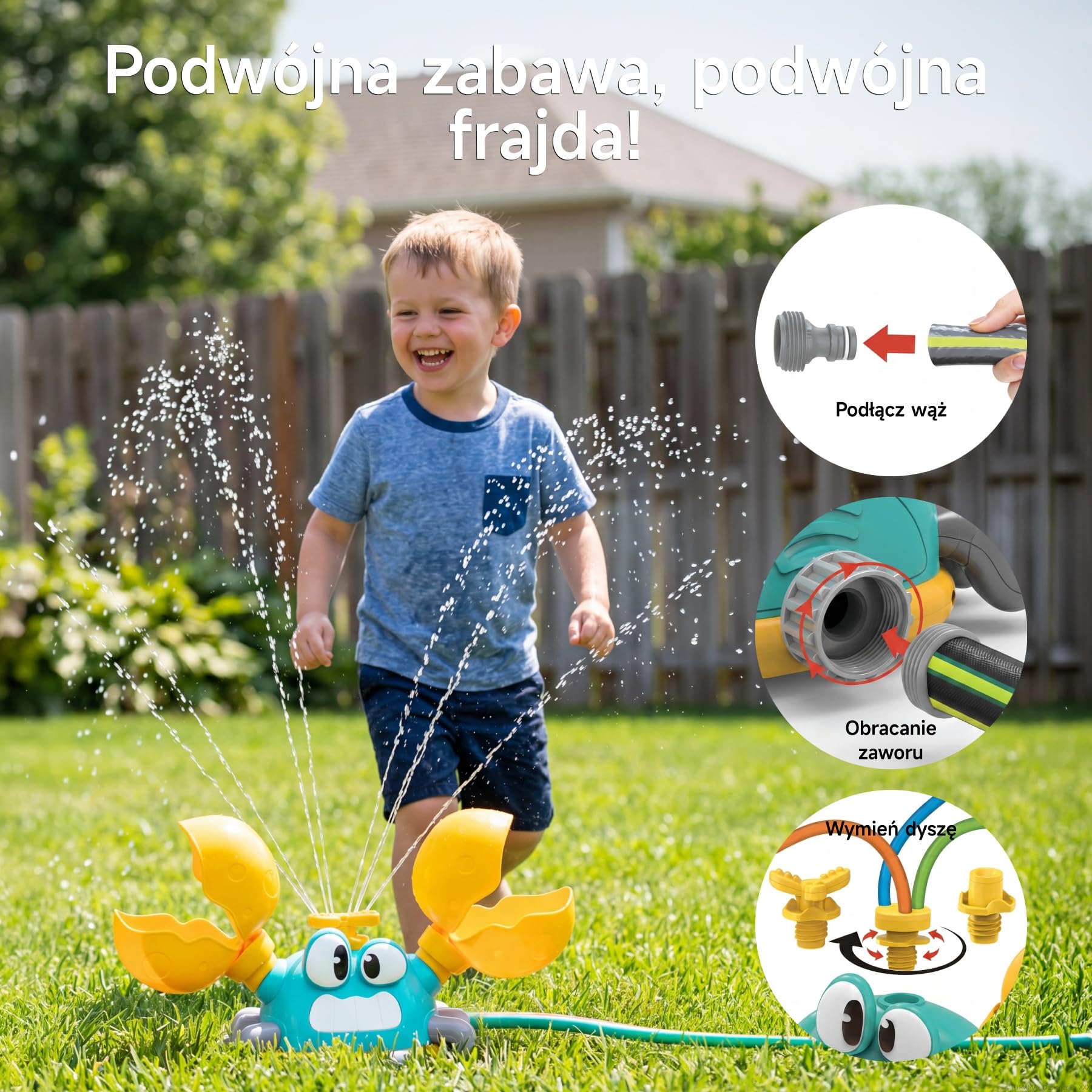 Zraszacz dla Dzieci Krab 3 Tryby + Rzucanie Woreczkami | Trzy tryby wody, ruchome szczypce do rzucania woreczkami, aktywna zabawa i koordynacja