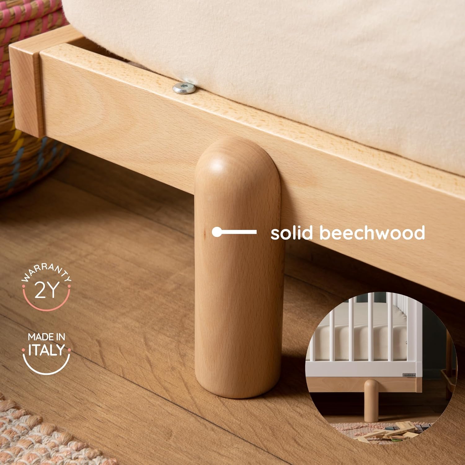 dadada Baby Bliss 4-in-1 Convertible Crib to Toddler Bed & Floor Bed – Made in Italy, GREENGUARD Gold Certified, Baby-Safe Finish, Sustainable Beechwood, Modern Design (White and Natural)