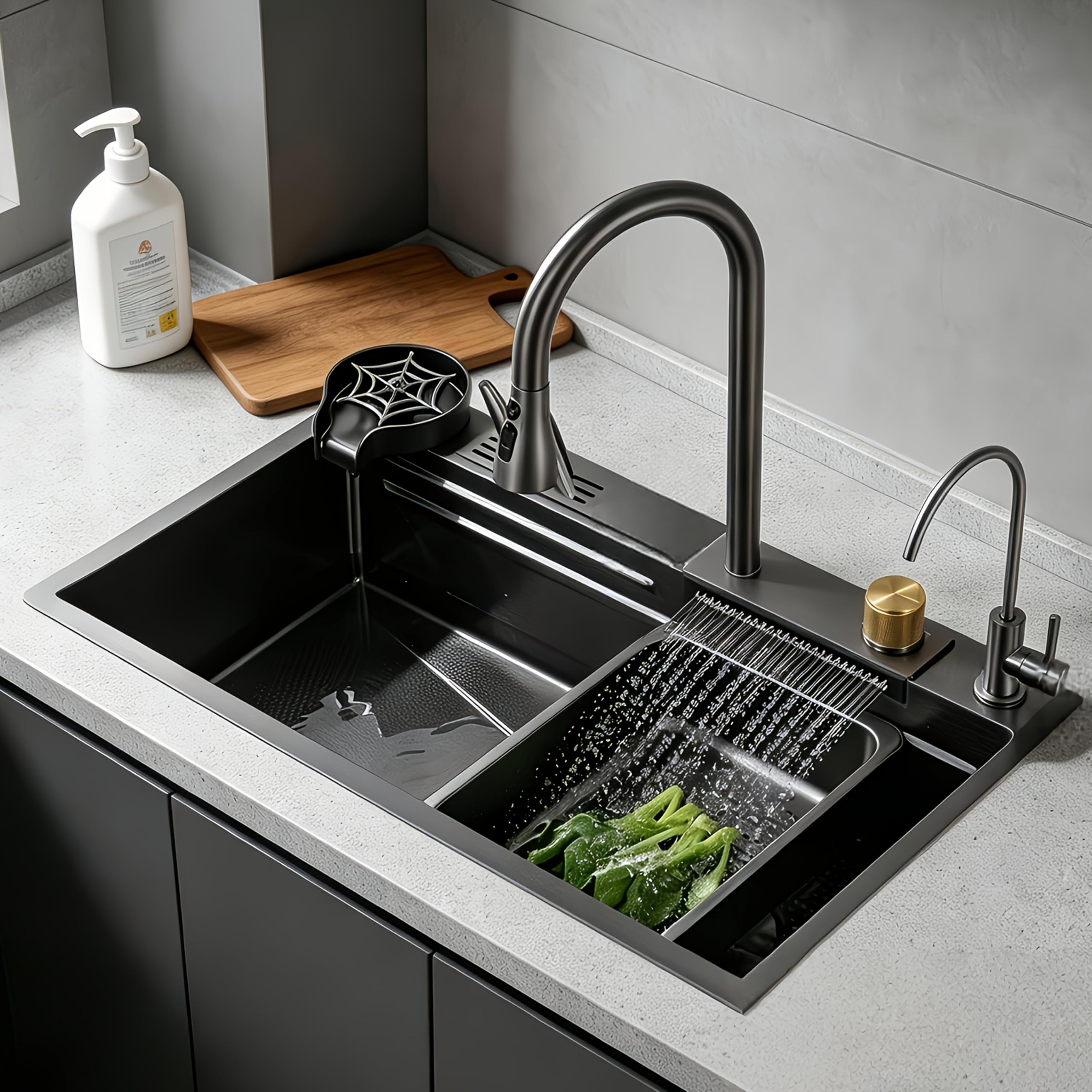 Evier Cuisine Multifonction en acier inoxydable,cascade（60x45x22cm） | Équipé d'un robinet à bec rétractable, d'un lave-verres, d'un porte-couteaux, d'un panier égouttoir, d'un bac égouttoir, etc.