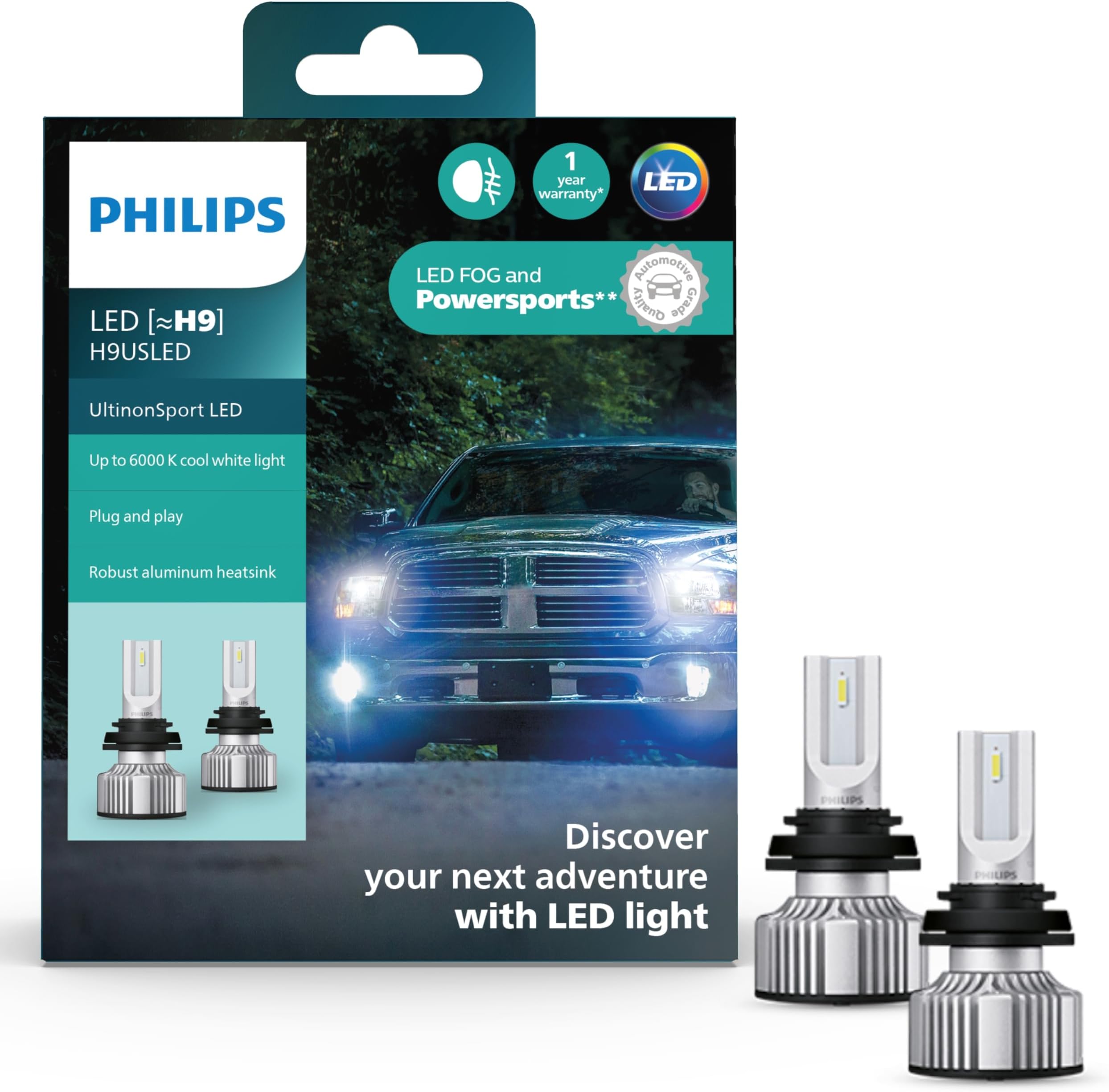 Philips UltinonSport H9 LED Bulb for Fog Light and Powersports Headlights, 2 Pack