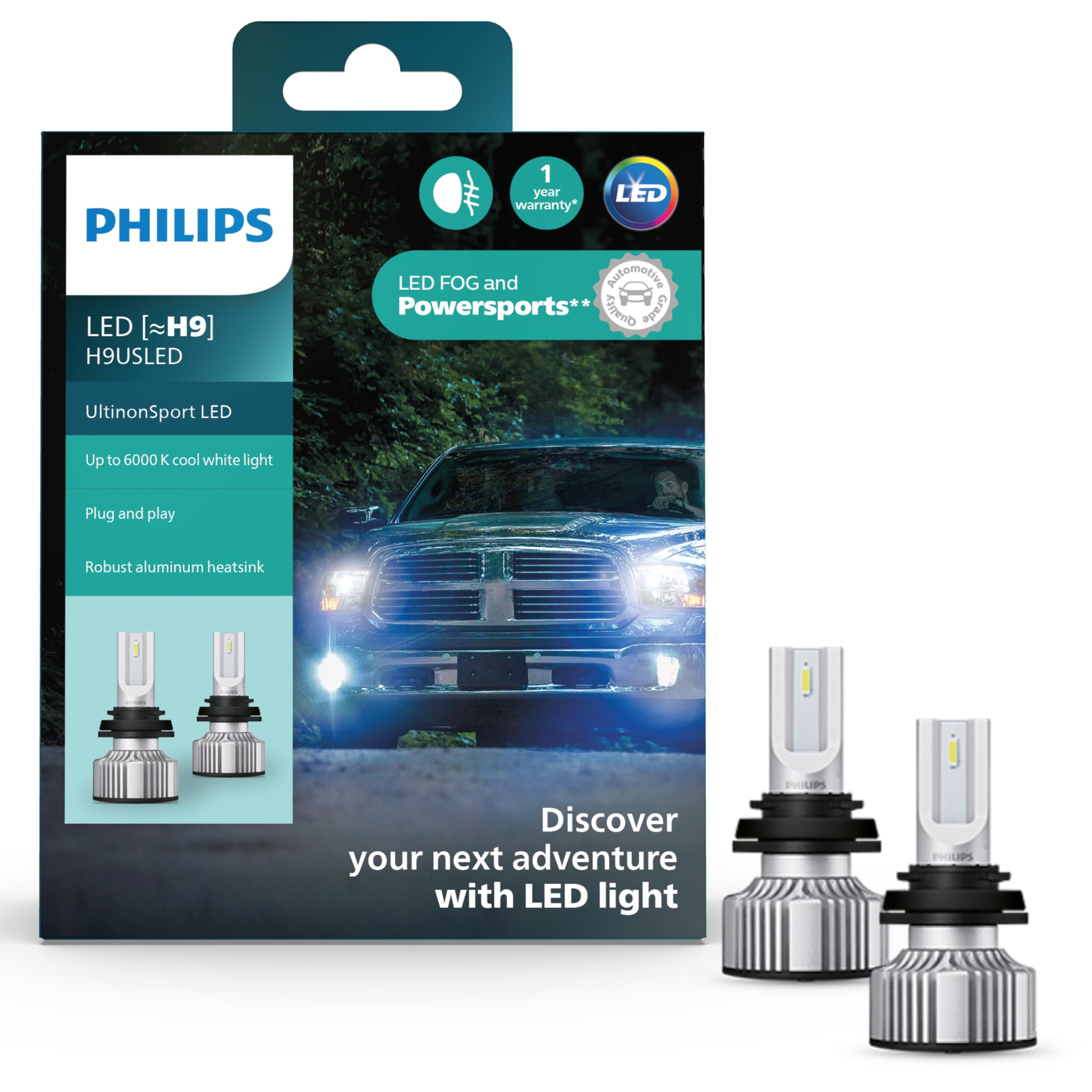 Philips UltinonSport H9 LED Bulb for Fog Light and Powersports Headlights, 2 Pack