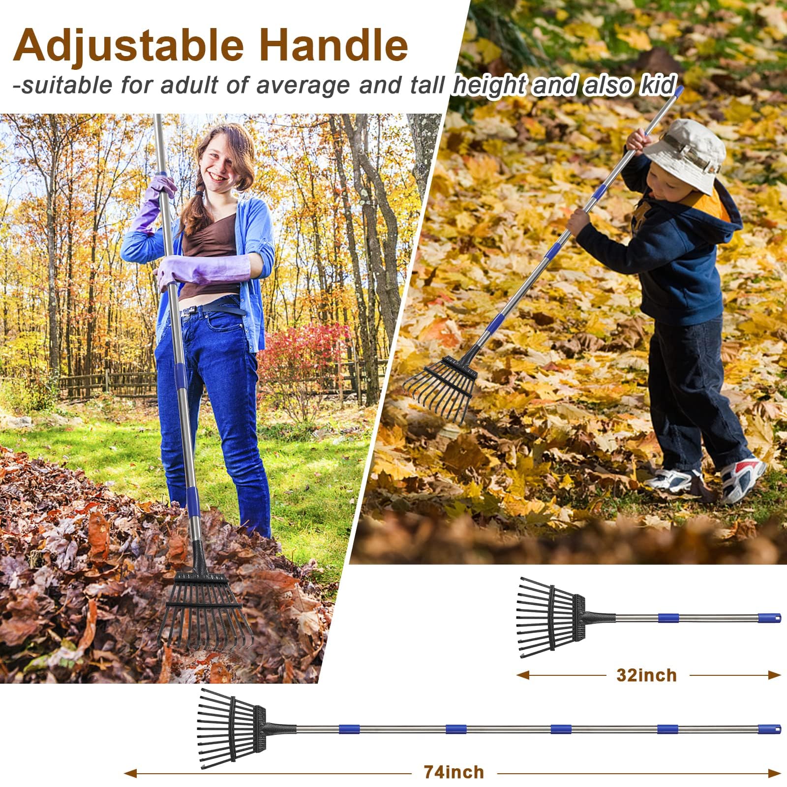 Rastrello da giardino Heavy Duty, per lavori di giardinaggio con 11 denti in metallo di larghezza 21 cm, aggiornato da 78 a 182 cm, manico lungo regolabile per livellamento Yard Cleanup Lawns, argento