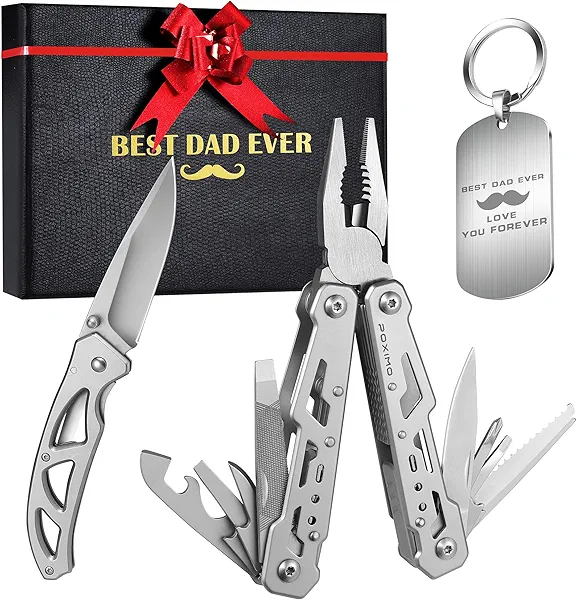 Multitools Gift Set “BEST DAD EVER”, Gifts for Father 14-in-1 Multi-tool Pliers & Pocket Knife Set with Keychain Tag, 3-Piece EDC Kit for Camping - Premium Gifting Box for Birthday, Father’s Day