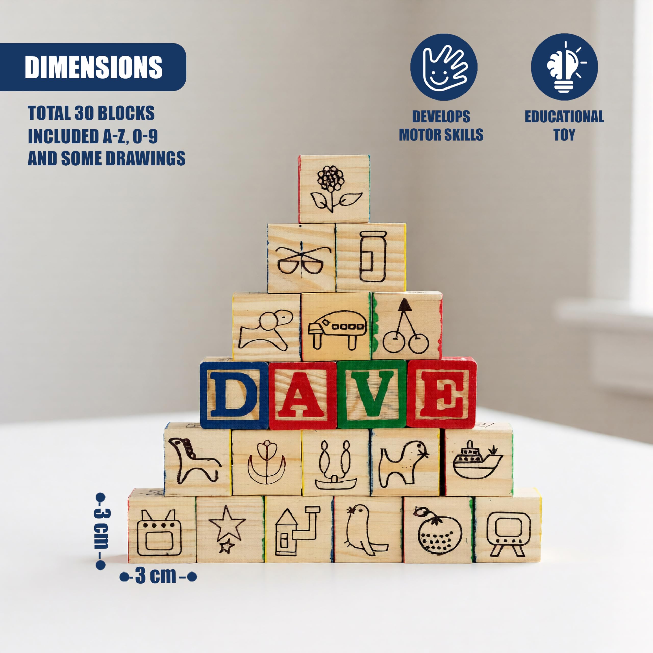 MTS Wooden Building Blocks Kids Alphabet Letters and Numbers Bricks Toy Set for Toddlers, 30 Piece Educational Toys for Kids