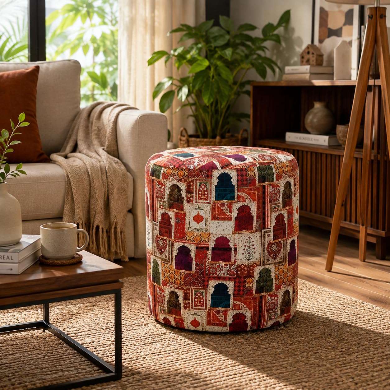 Round Ottoman Stool for Living Room | Upholstered Footrest | 14 x 16 Inch (Drum Red)-image-6