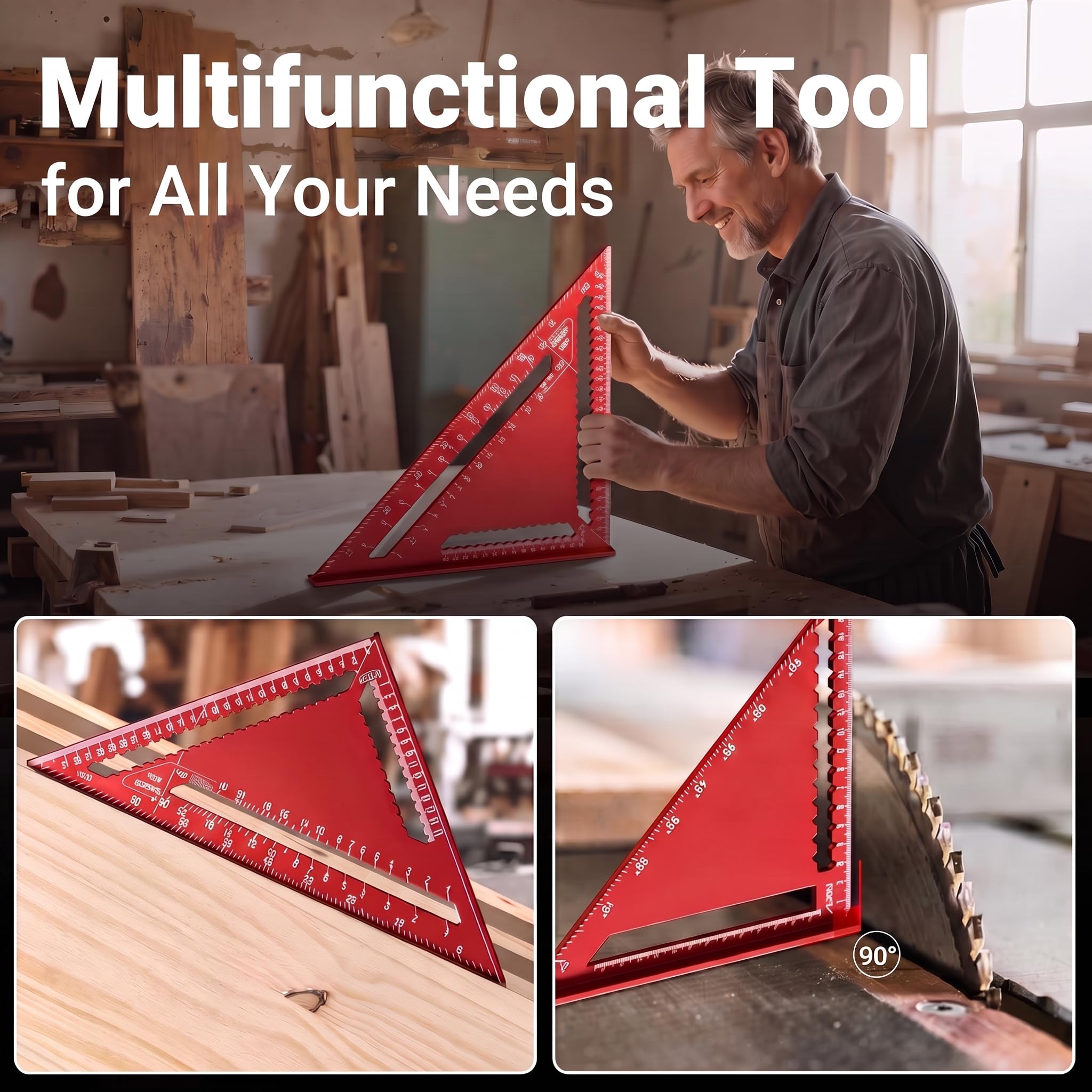 2 juegos de escuadras de carpintero, de 180 mm y 300 mm, transportador de 0-90° con lápiz de construcción, escuadra combinada de aleación de aluminio para bricolaje, carpintería y mejoras del hogar