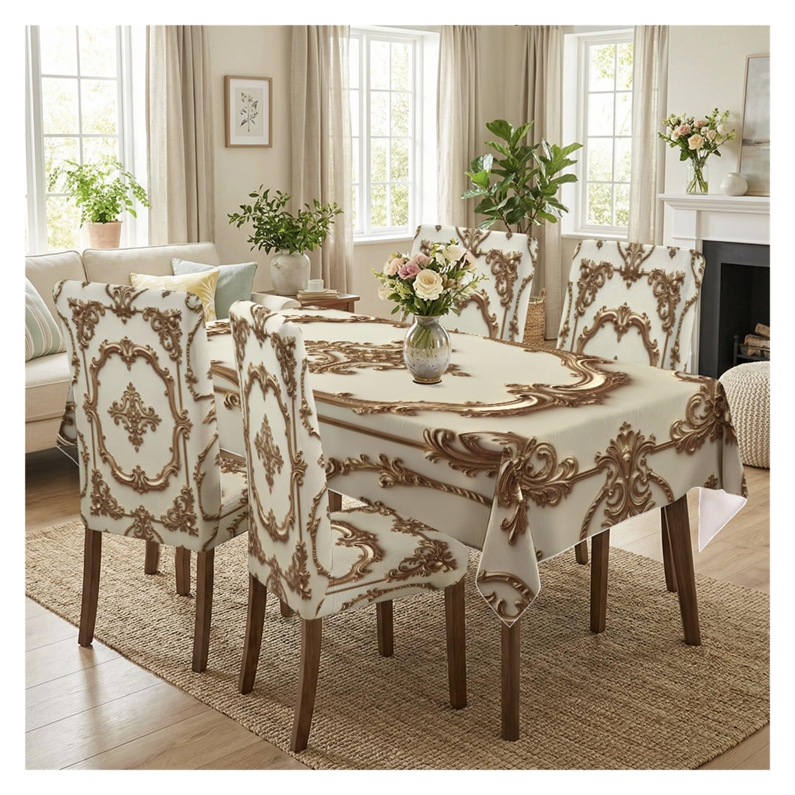 KXUAUV Ivory Baroque Gold Print Stretch Dining Chair Covers Tablecloth Set, For Kitchen Dining Living Room Luxury Decor, 5/7 Pack Party Decor(5pcs Set: Tablecloth+Chair Covers)