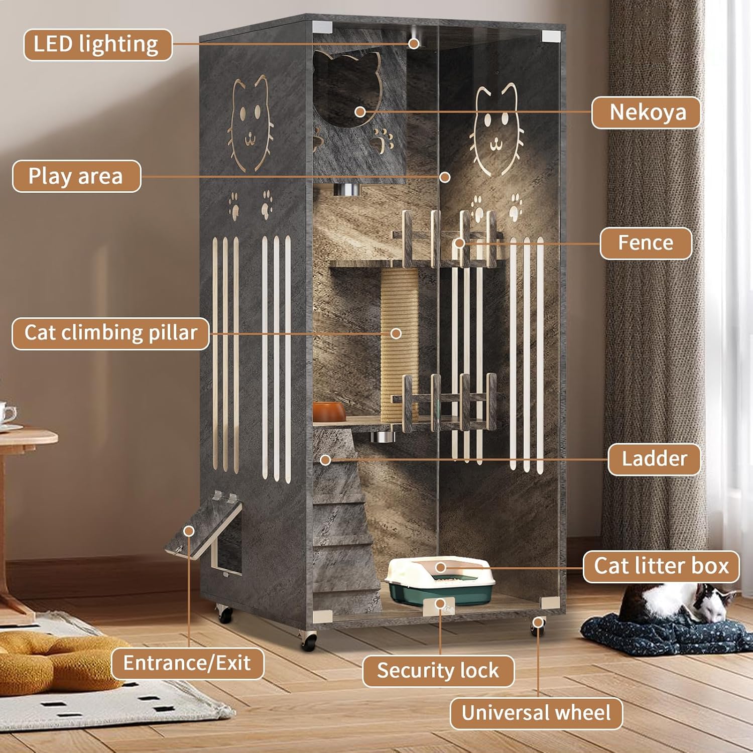 Wooden Cat House Large Space, Enclosed Cats Condo, Indoor/Outdoor Cat Enclosure with Wheels, Multi-Feature Luxury Cat Villa for Cats Ventilation Glass Doors,50" X 24" X 24" (Grey, 50" X 24" X 24")