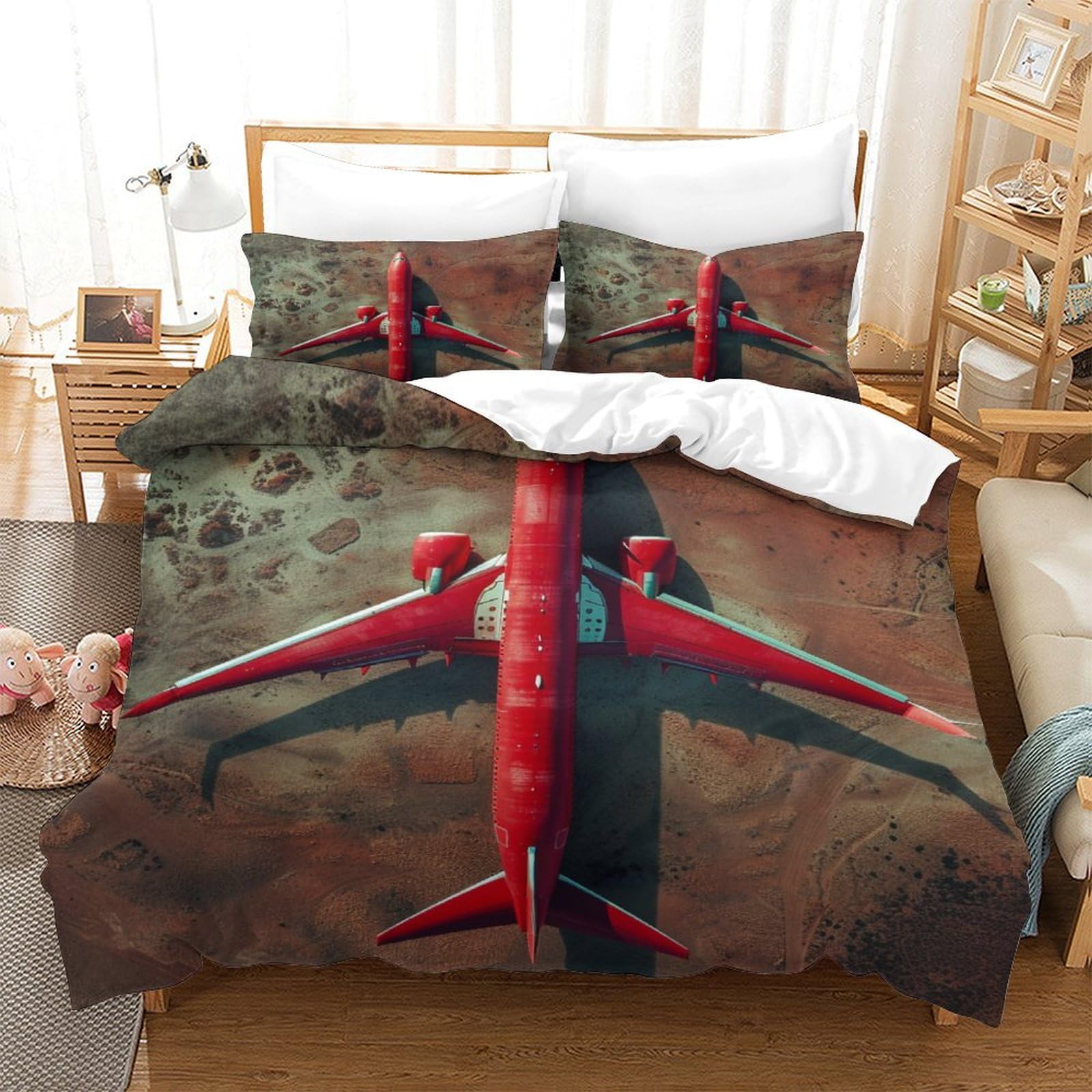 P1S9U7W5Y 3D Printed Red Airplane Duvet Cover Set 3pcs Microfiber Aviation Bedding Set Double（200x200cm）