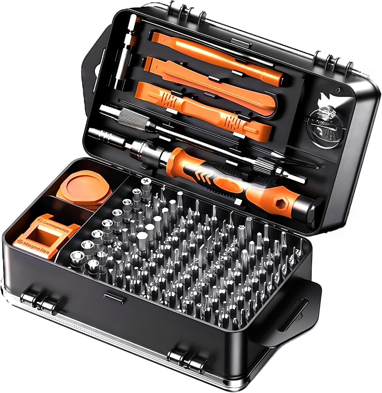 Professional 115-in-1 Precision Screwdriver Set, Magnetic Electronics Repair Tool Kit with Purple Handles, Comprehensive Bit Set for iPhone, Laptop, Game Console, Watch, Eyeglasses (Orange And Black)