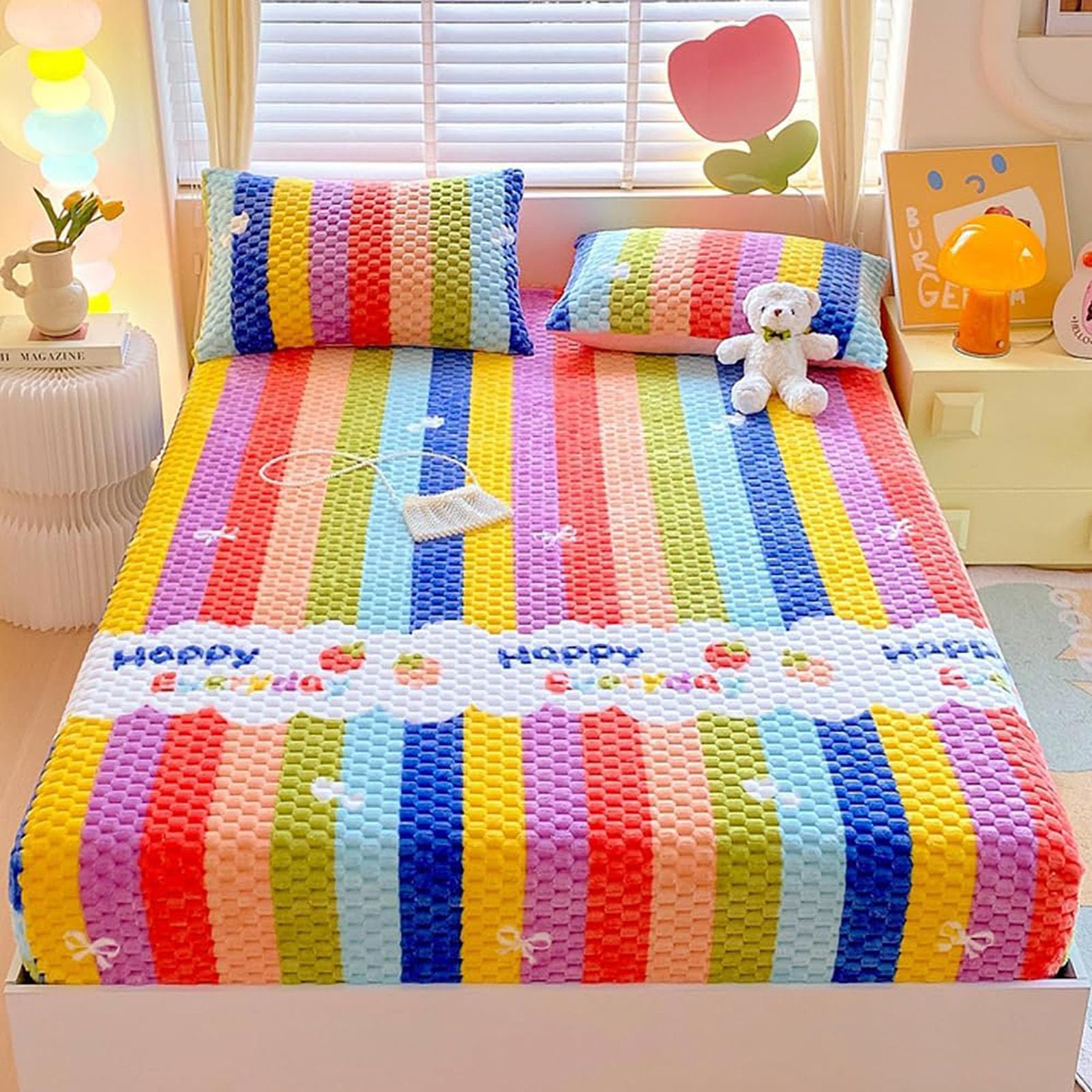 Milk Velvet Checkered Fitted Sheet Mattress Cover, Warm Thicken Mattress Protector Super Soft Bed Cover with Pillowcase Washable 15'' Deep Pocket Mattress Pad,K,King: 180x200cm — image 1
