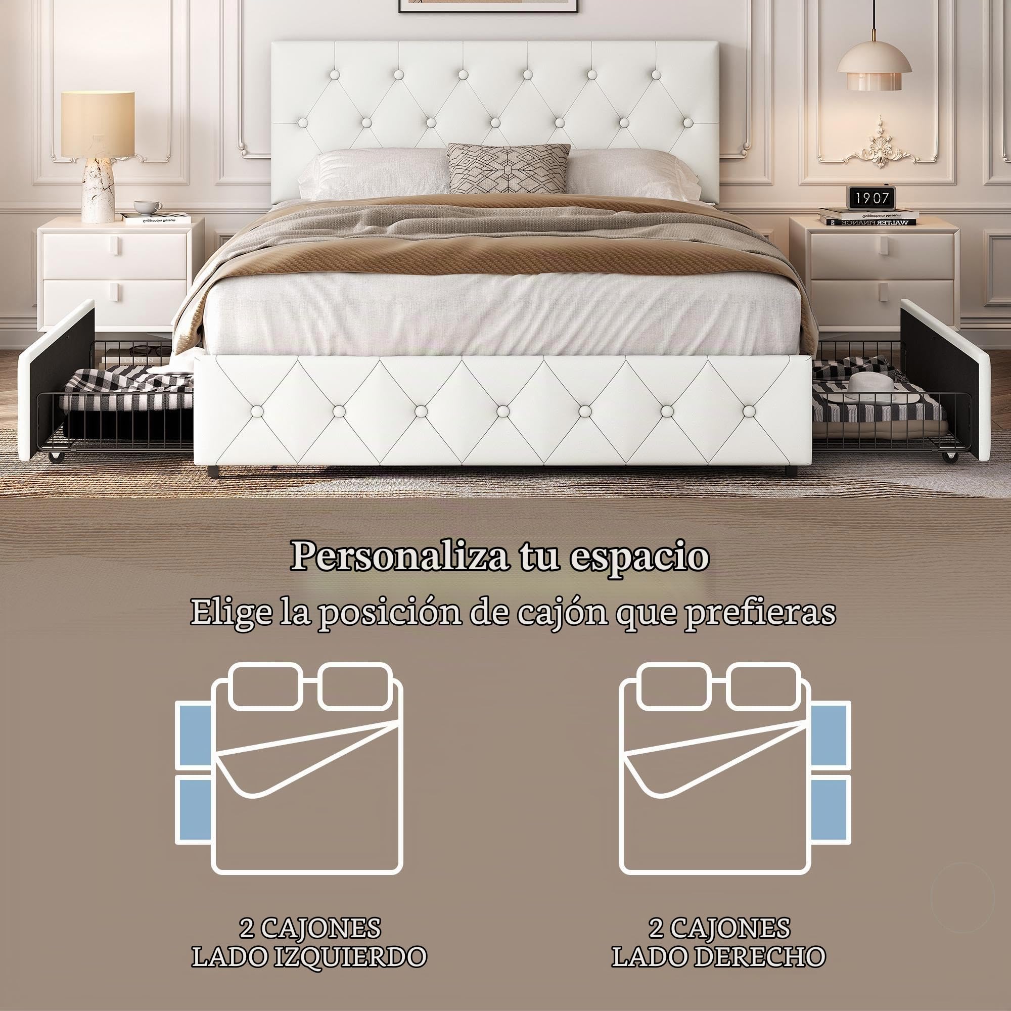 Yaheetech Cama Tapizada de Piel Tirón Botón Cama Acolchada Almacenaje 140 x 200 cm Blanco