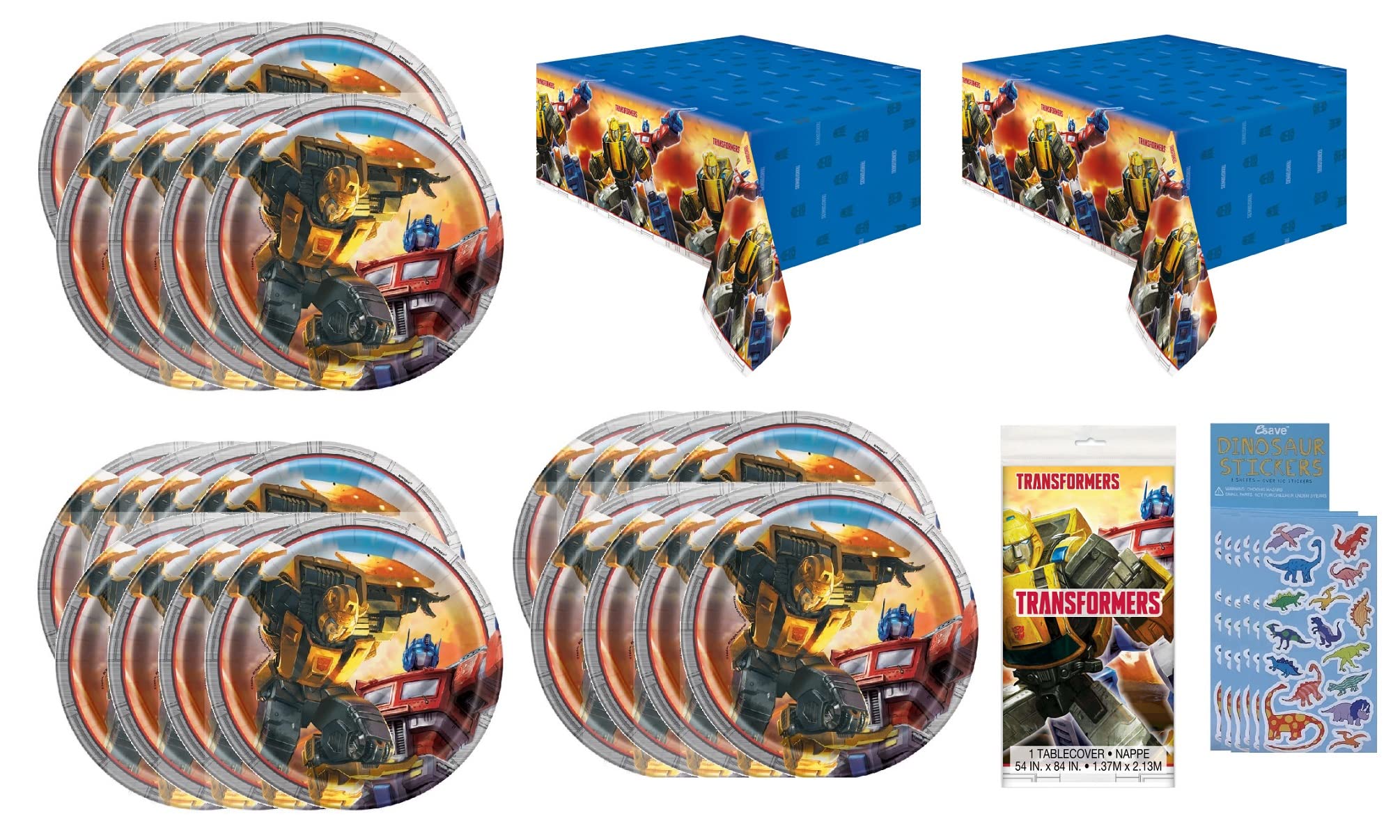 Unique Transformers Party Supplies Bundle Pack includes 24 Dessert Paper Plates, 2 Plastic Table Covers, 1 Dinosaur Sticker Sheet