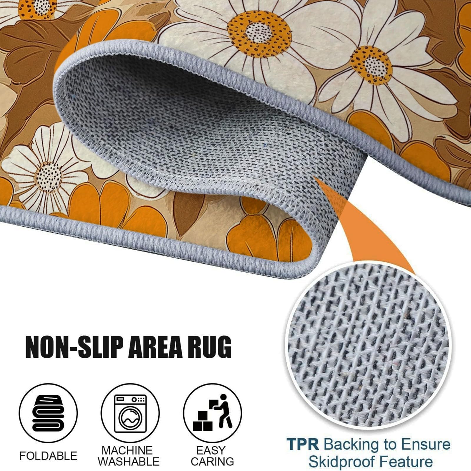 Tapis Couloir Long Moderne Motif Fleurs De Mode Vintage, Orange Blanc Tapis de Passage À Poil Court Doux, Tapis de Couloir, Antidérapant Et Lavable, Tapis Salon Chambre Adulte 80 x 150 cm