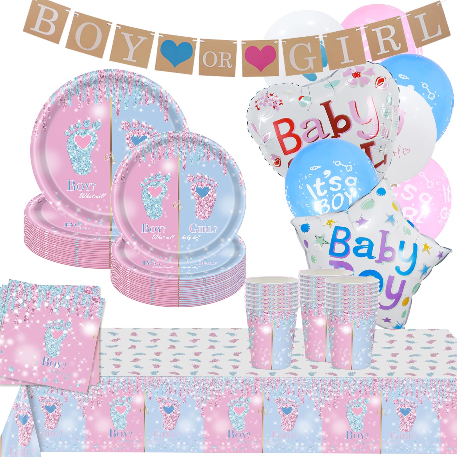 120PCS Baby Gender Reveal Party Supplies, Blue Pink Ballon Kit Boy or Girl Banner Gender Reveal PartySupplies Paper Plates Napkins for Birthday Decor Baby Shower Decorations