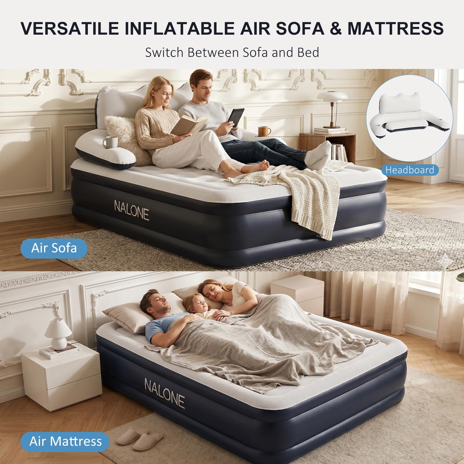 NALONE Materasso Gonfiabile Matrimoniale Con Testiera Integrata, Letto Gonfiabile Matrimoniale Con Pompa Integrata, Materasso Autogonfiabile Per Campeggio E Casa 203x152x45cm(Queen)