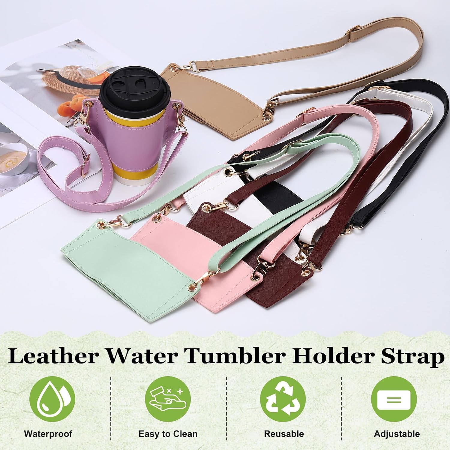 Water Bottle Carrier with Adjustable Shoulder Strap, Leather Water Bottle Holder with Credit Card Holder for Stanley Tumbler 30 & 40 oz for Outdoors Travel Workout, Pink image 5