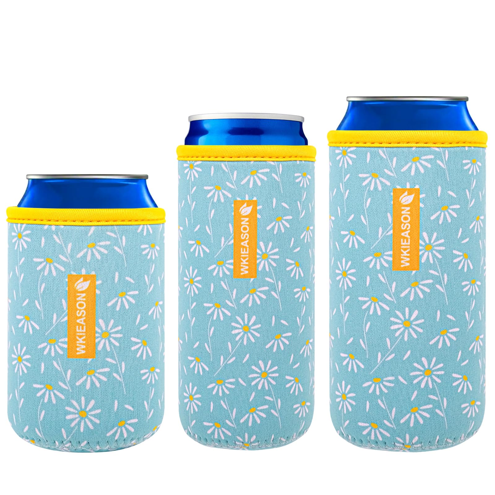 WKieason Neoprene Can Sleeves Insulators Beer Coozies 3 Size - 12OZ Standard Can Sleeve, 12OZ Slim Can Sleeve 16OZ Standard Can Sleeve, 12OZ Standard Beer Can Coolers Coolier Sleeves(Small Daisy Blue)