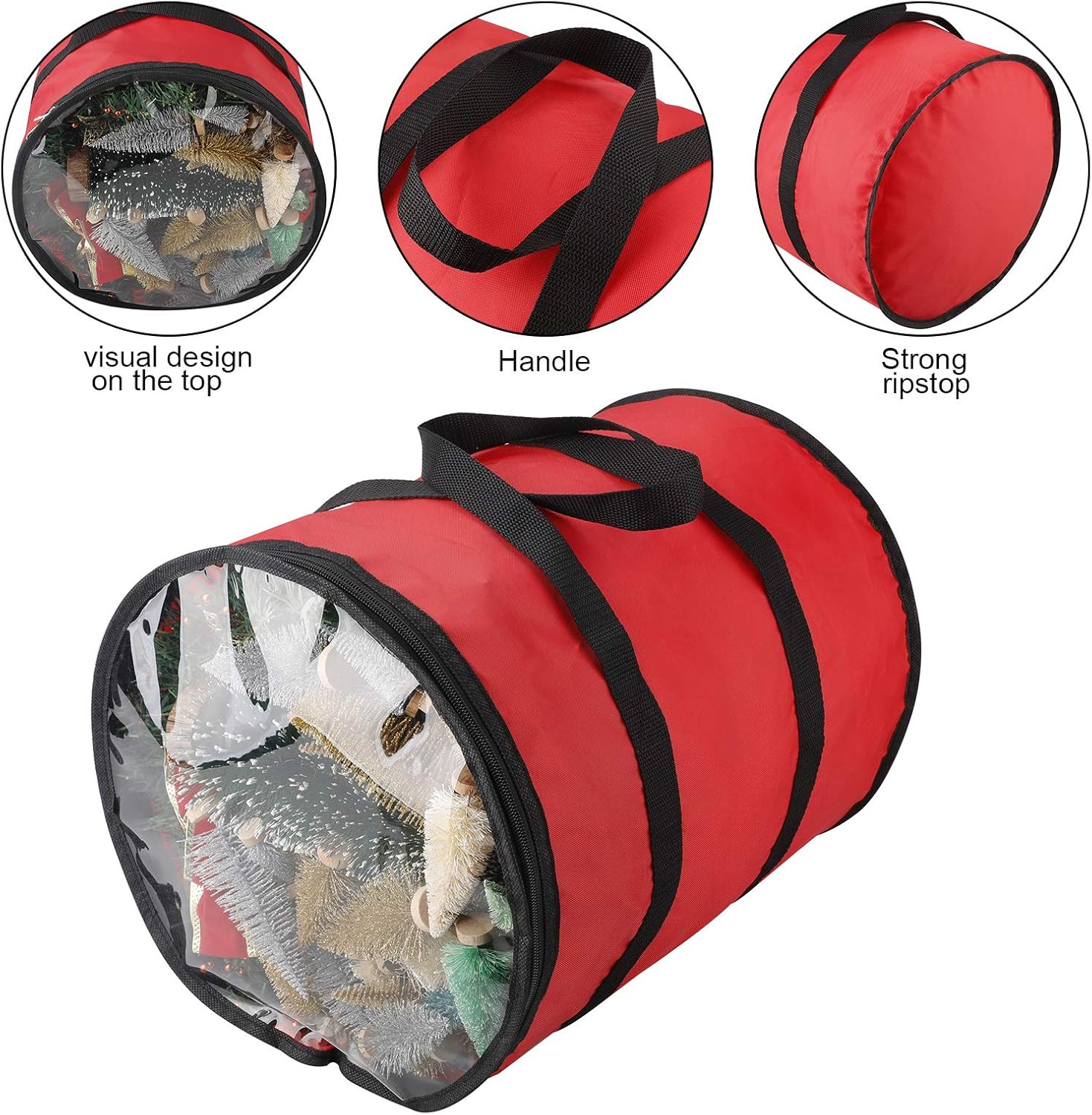 Christmas Light Storage Bag with Anti-Tear Reinforced Handles & Visual Design on the Top & Double Zipper for Holiday for Lights Storage Reel Mini Christmas Tree Lights & Extension Cords (Red,Green)