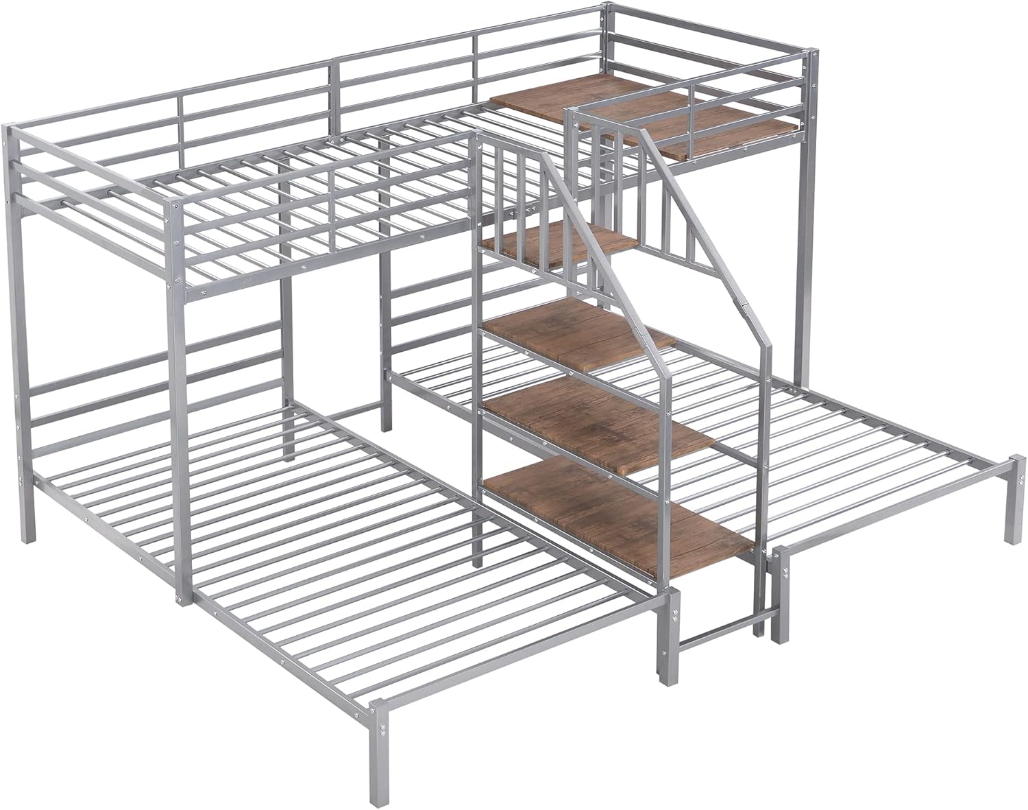 LZ LEISURE ZONE Twin Over Twin & Twin Bunk Bed with Storage, Metal Bunk Bed with Shelves and Staircase, No Box Spring Needed, Silver