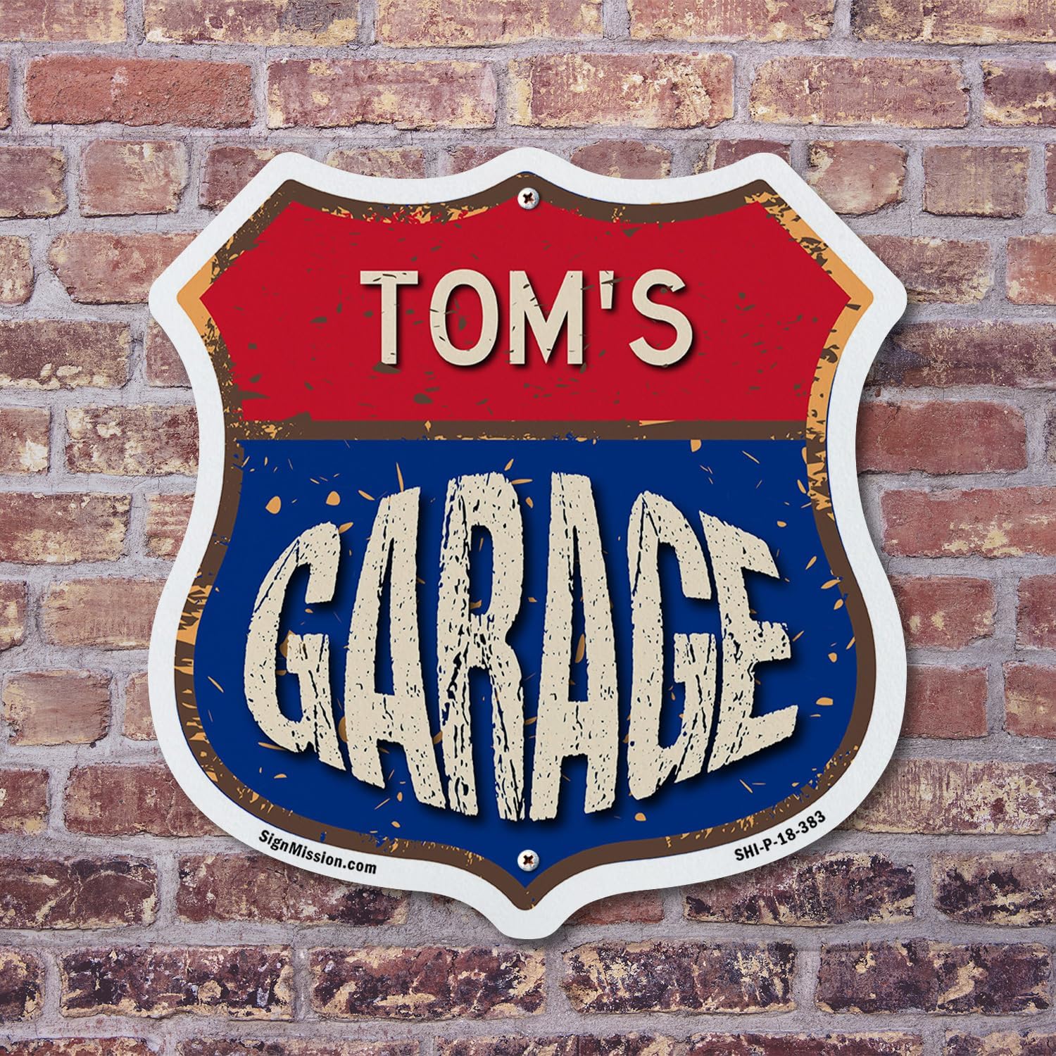Tom's Garage 6 inch X 6 inch Shield Shaped Commercial Grade Plastic Sign Weather Resistant, UV Protected To last, Gift for Dads and Uncles Classic Americana Crafted in the USA image 3