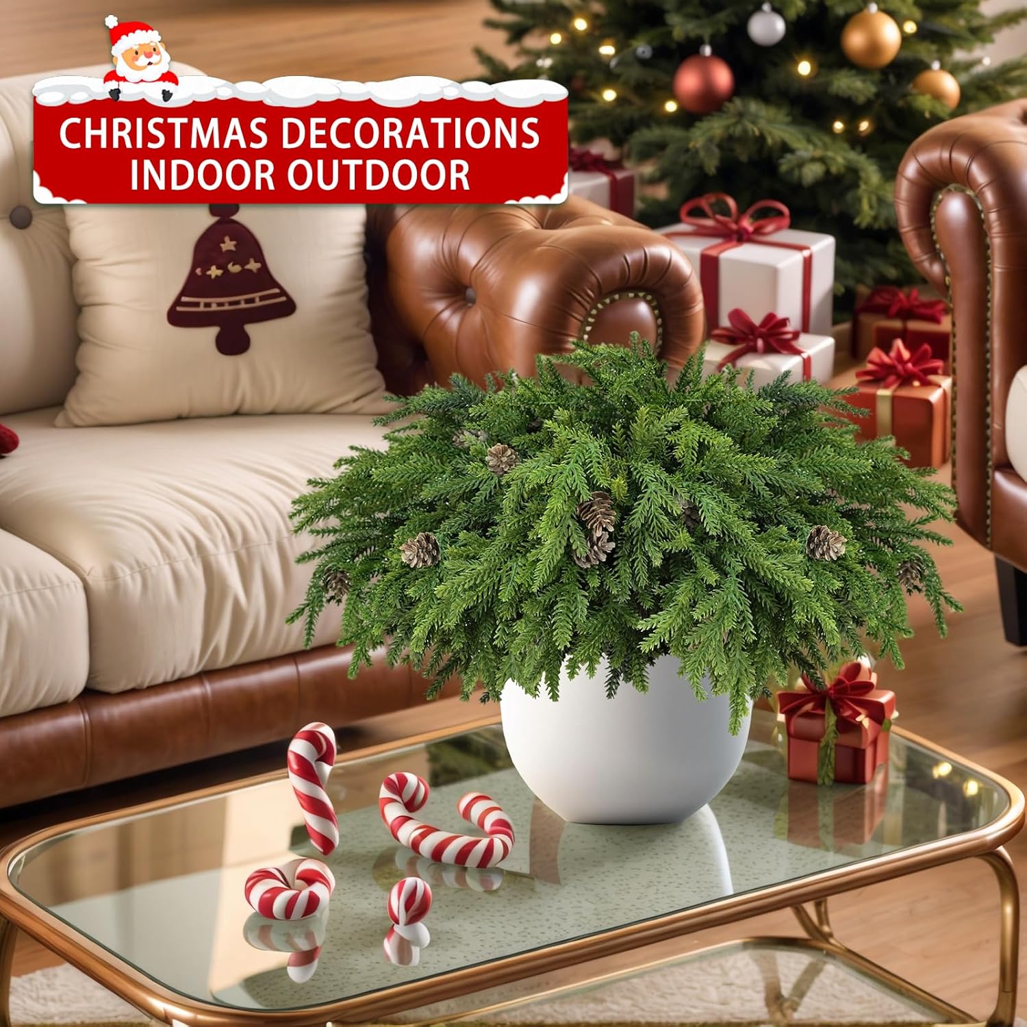 12 Pcs Christmas Greenery Stems with Pinecones Soft Bendable Naturally Droop Realistic Artificial Pine Stems Christmas Pine Branches Picks Faux Cedar Stems for Vase Garland Wreath Table Home Decor(12)