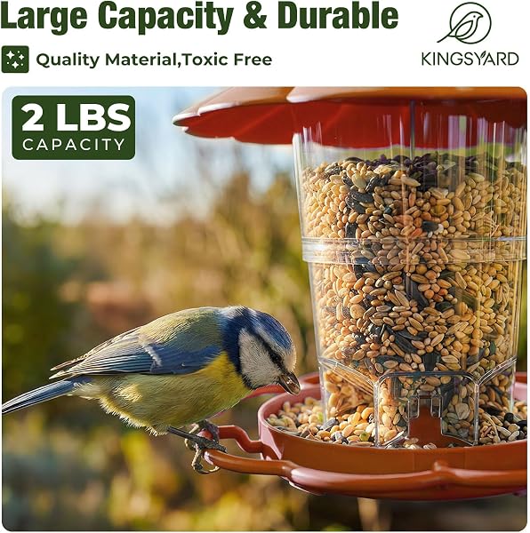 Kingsyard Bird Feeder for Outside Outdoors Hanging, Adjustable Hopper Feeders with Wide Seed Tray and Rainproof Roof, Wild Birds Feeder for Garden Backyard Decoration, 1 pack, Brown - 4