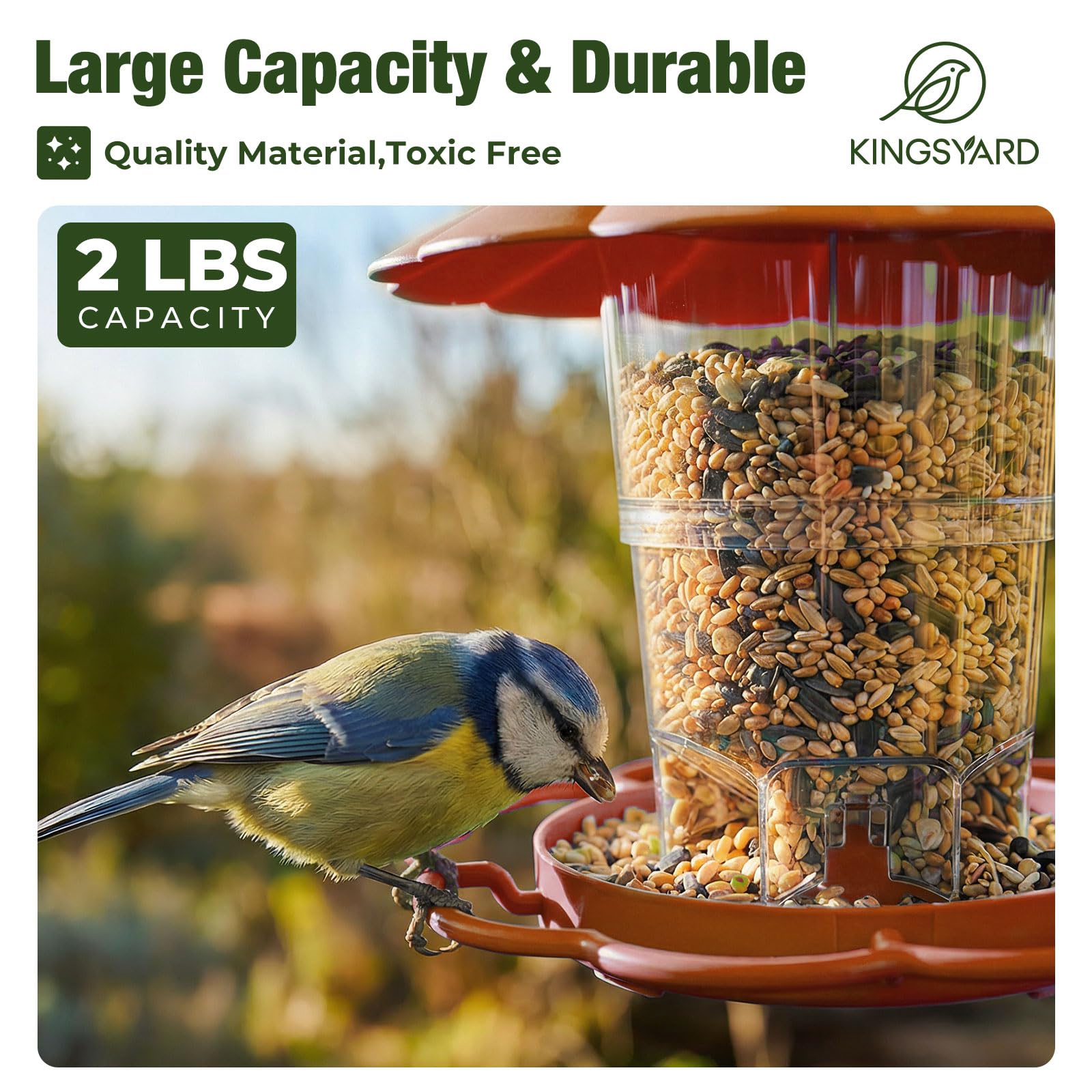 Kingsyard Bird Feeder for Outside Outdoors Hanging, Adjustable Hopper Feeders with Wide Seed Tray and Rainproof Roof, Wild Birds Feeder for Garden Backyard Decoration, 1 pack, Brown - 4