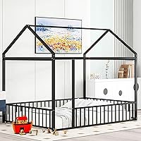 Vista 15 de Cama de metal de tamaño matrimonial con valla para niños, adolescentes, niñas, niños, cama de piso de casa, camas Montessori, se puede decorar marco