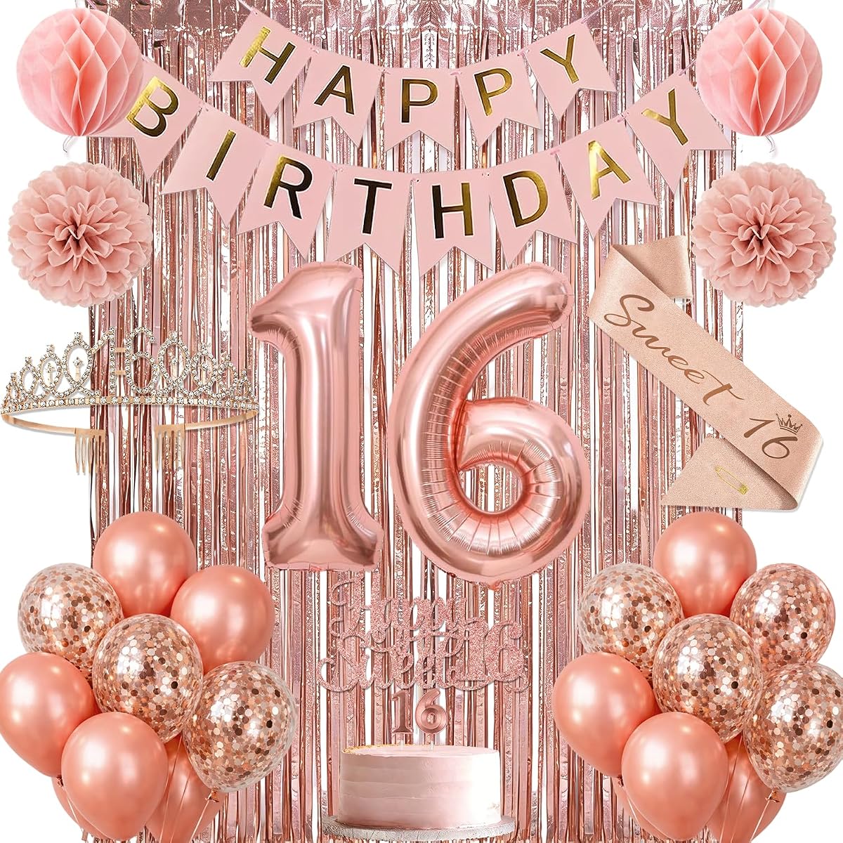 Kit de decoración para fiesta de 16 cumpleaños de oro rosa para niñas | Decoraciones de cumpleaños número 16 con pancarta, corona, número de aluminio, globos y más para suministros para la fiesta de dulces dieciséis