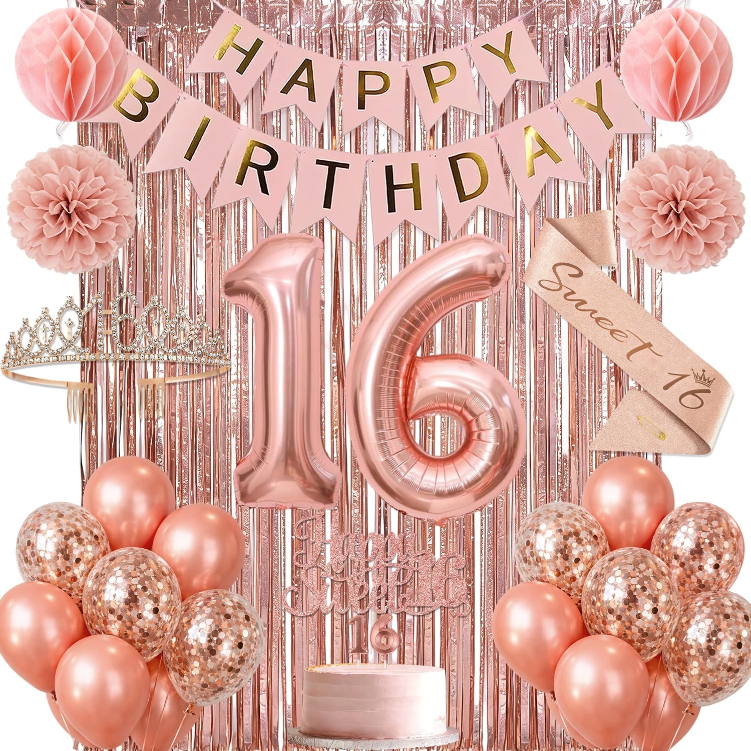 Rose Gold Sweet 16 Birthday Party Decorations Kit for Girls – 16th Birthday Decorations with Banner, Crown, Foil Number, Balloons & More for Sweet Sixteen Party Supplies