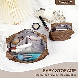 MAGEFY Makeup Bag for Purse, 2 Pcs Corduroy Cosmetic Bag for Girls Women Small Travel Makeup Pouch with Zipper(Brown)