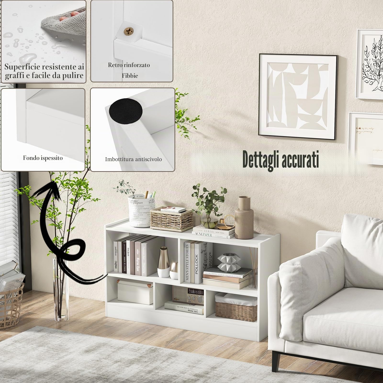 KOMFOTTEU Libreria Aperta, 5 Armadietti di 2 diverse dimensioni, mobile portaoggetti in legno con gambe antiscivolo, per libri e giocattoli, 111 x 30 x 61,5 cm (Bianco)