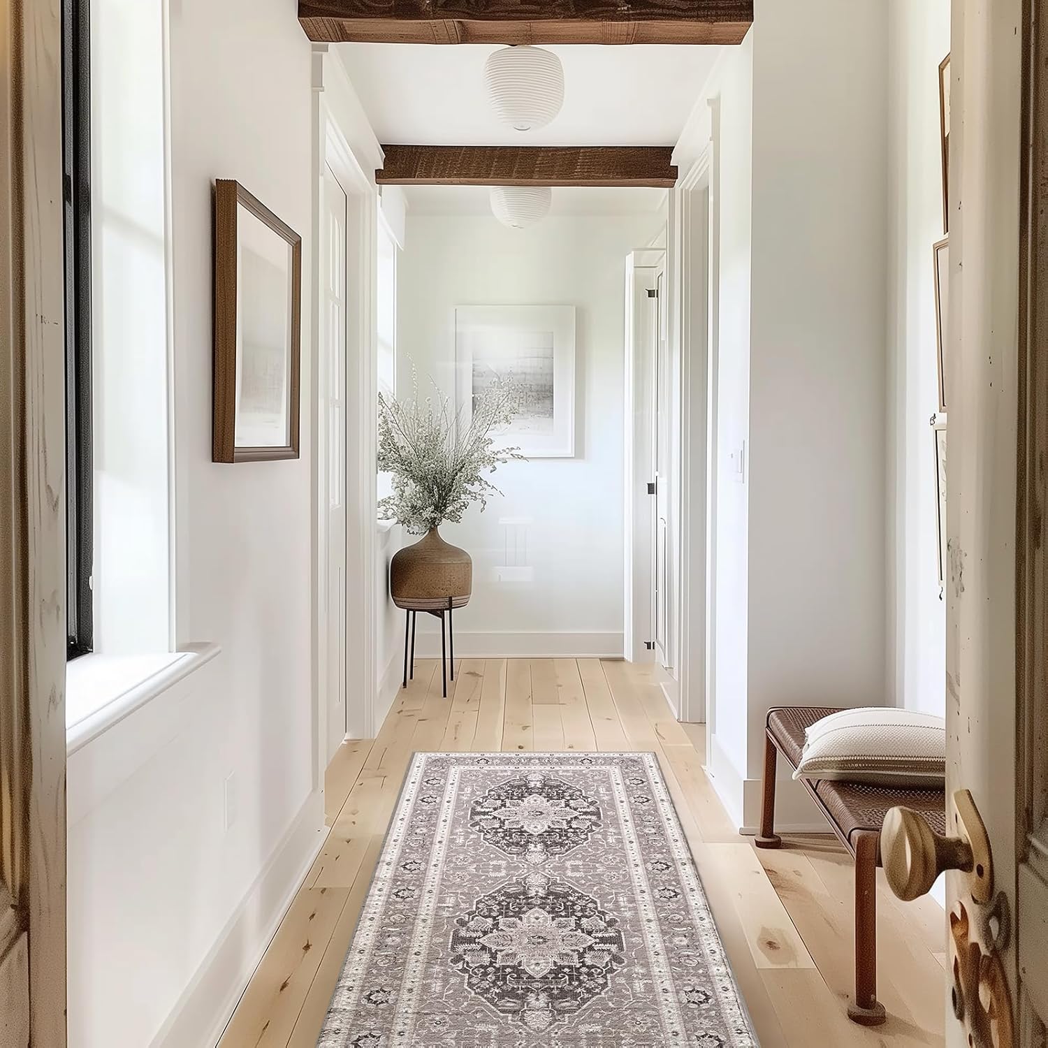 EVERGRACE Faux Wool Area Rugs 2'x 6' Boho Medallion Rugs for Living Room Indoor Outdoor Rugs for Bedroom Dining Room Entryway Kitchen Low Pile Washable Floor Mat Carpet, Taupe Gray