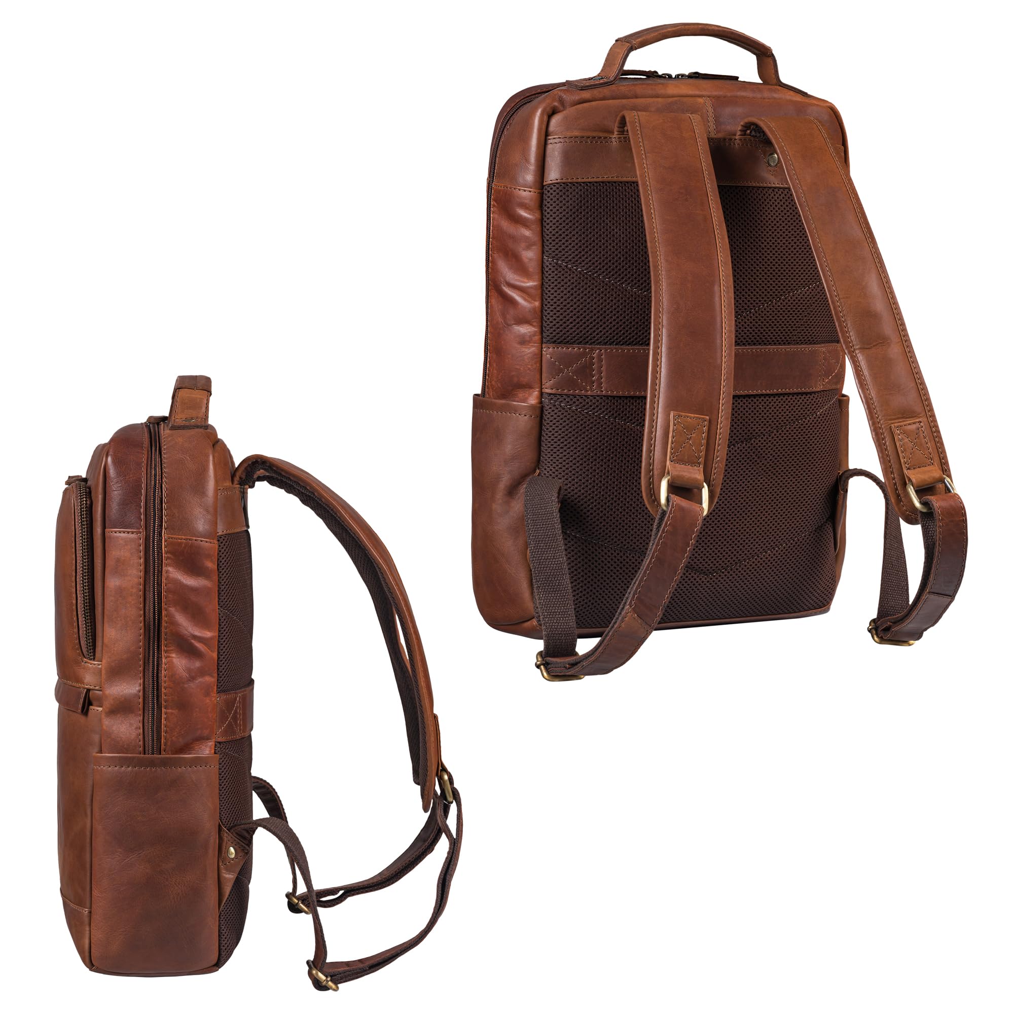 STILORD "Barney" Slim plecak na laptopa 15,6 cala skórzany plecak o sportowym designie z wieloma przegrodami plecak studencki uni daypack Kolor:koniakowy brąz