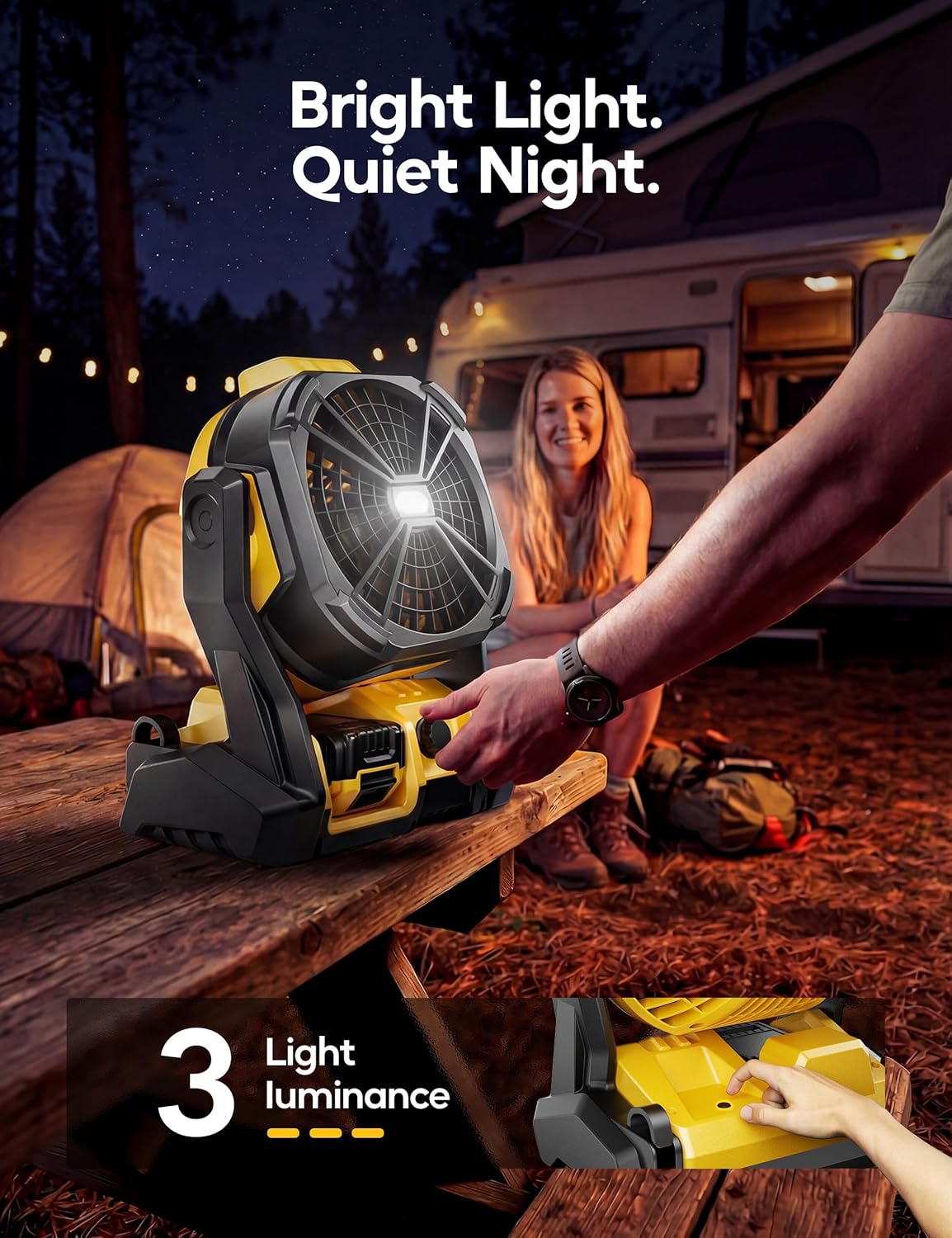 DeForce Battery Operated Fan, for DeWalt 20V Battery, Camping Fan Cordless, Option for Corded, with LED Lights, Variable Speed, Hook for Hanging, for Jobsite, Black(Battery Not Included)