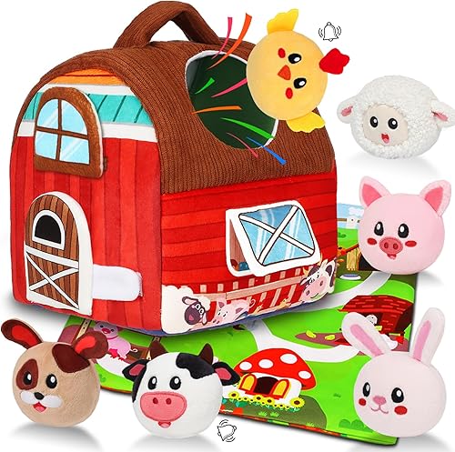 Avesa Juguetes para bebés de 6 a 12 meses, juguete suave de granero con animales de granja de peluche, sonajero, juguetes Montessori para bebés de 6