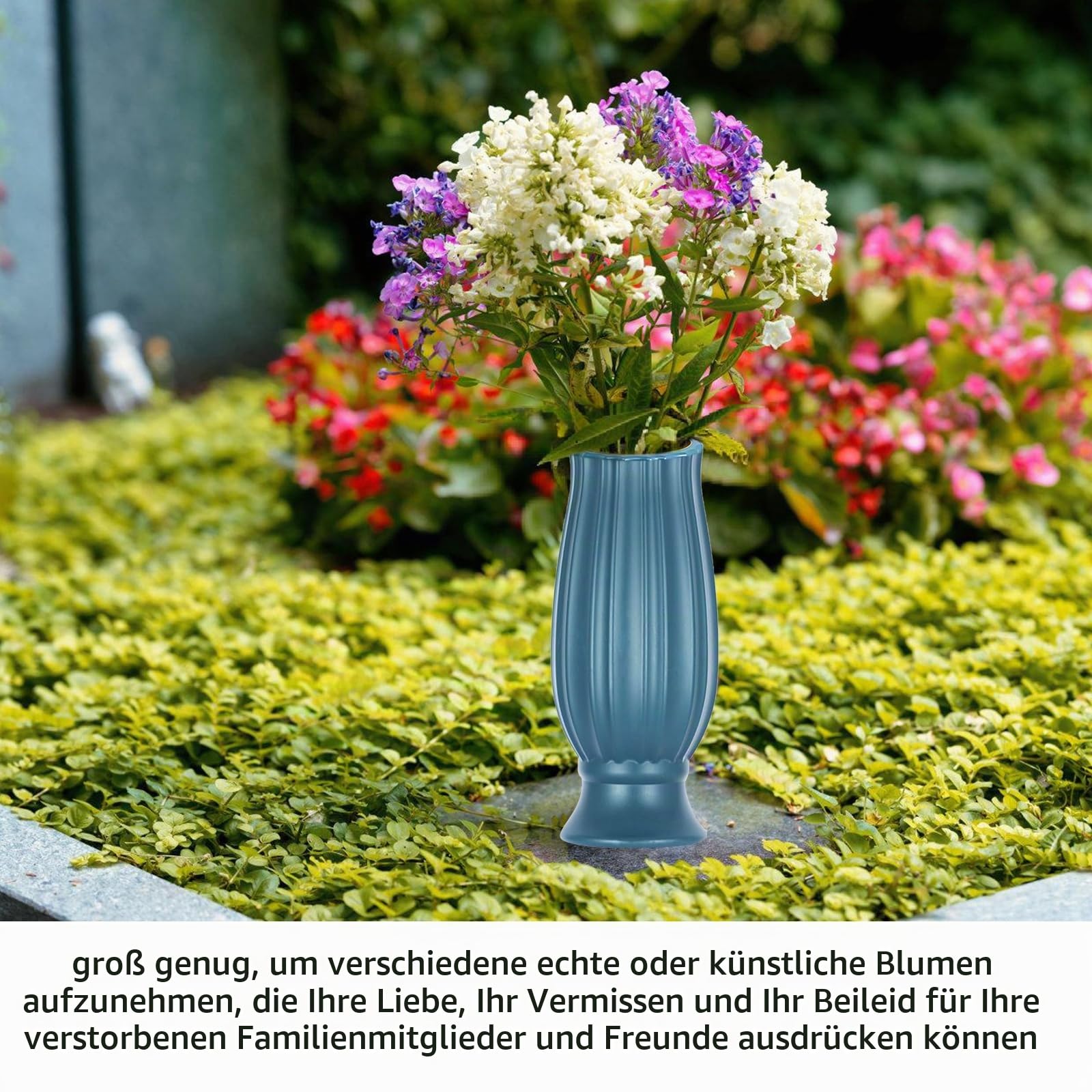 Grabvase, 2 Stück Friedhofsvase Mit Erdspieß, Fgrabvasen Friedhof Frostsicher, Steckvase Grab, Kunststoff Grabvasen Mit Metallspikes, Grabvasen Friedhof Zur Aufnahme Von Blumensträußen (Blau)