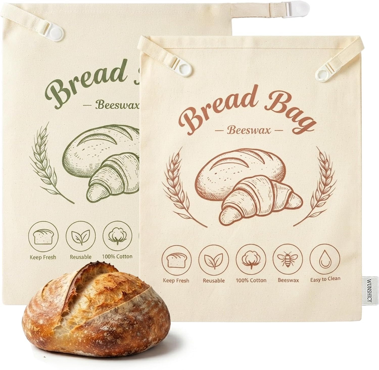 Reusable Beeswax Bread Bags for Sourdough & Homemade Bread, 2 Pack XL Organic Cotton Bread Storage Bag with Wide Opening, Keep Bread Fresh Longer, Freezer Safe, Ideal Gift for Bakers