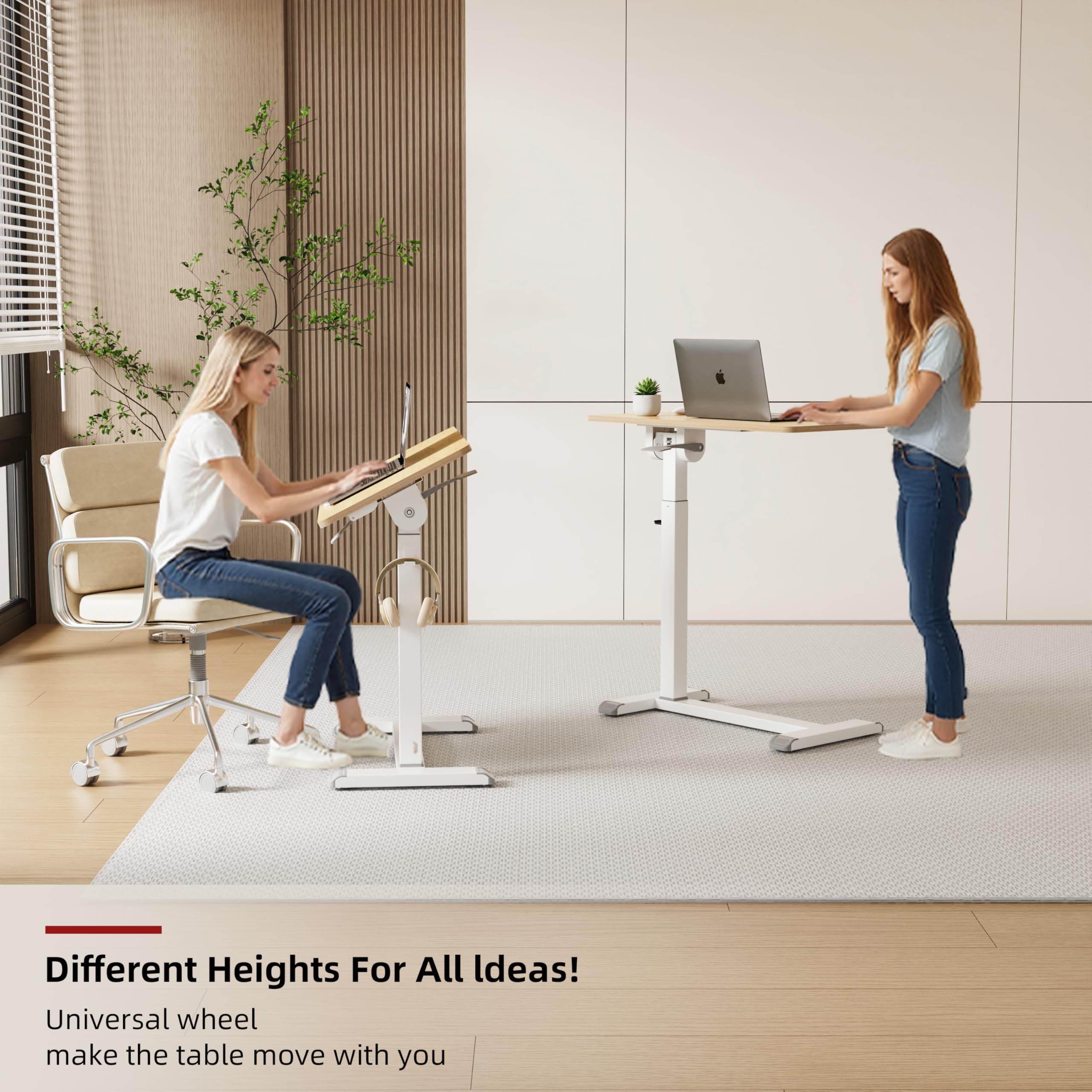 ETHU Escritorio de pie, altura ajustable de 71-107 cm, mesa para portátil con parte superior reversible, mesa auxiliar móvil con ruedas ocultas, mesa de 77 x 40 cm para oficina, sala de estar (madera)